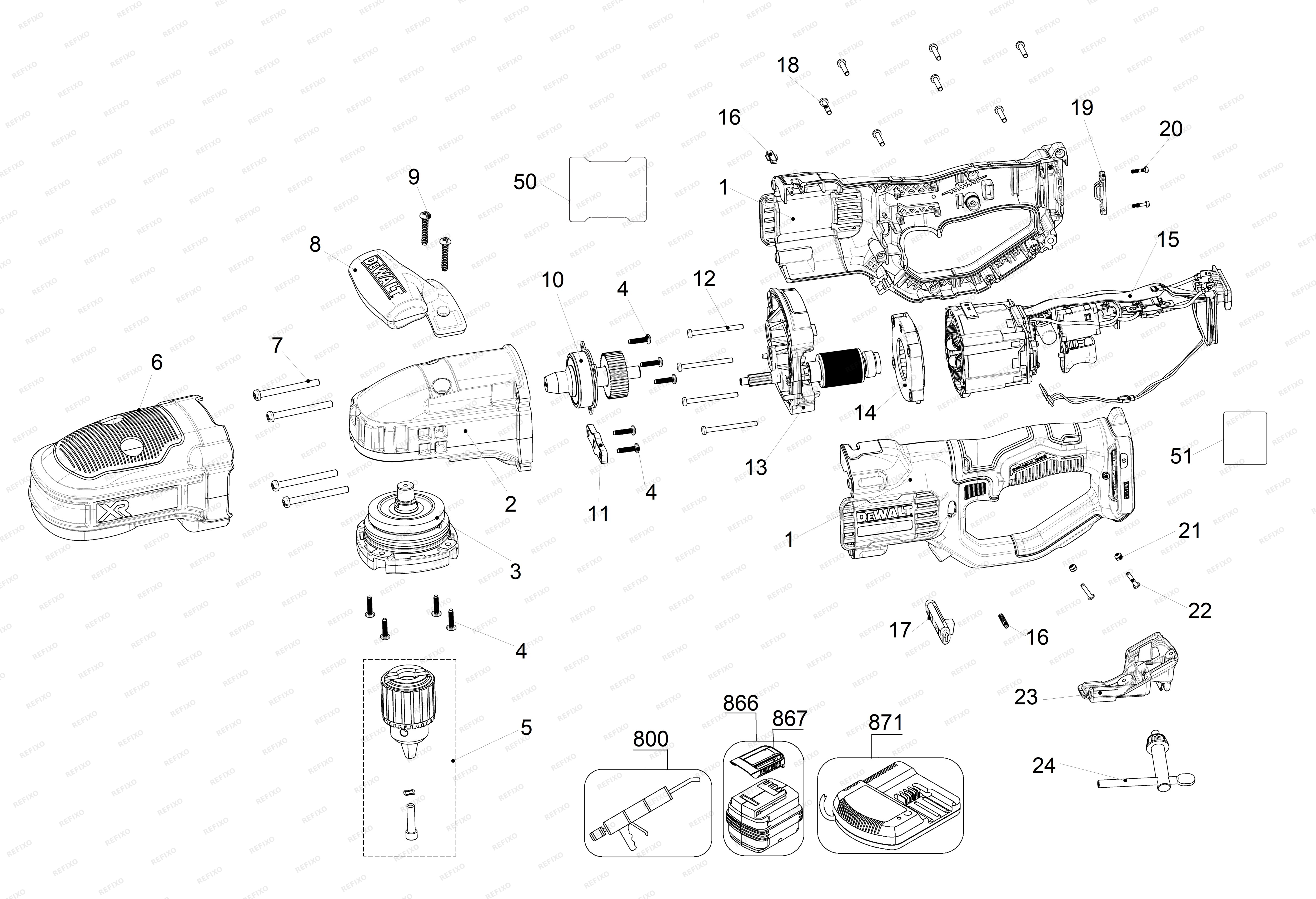 Деталировка DeWalt УГЛОВАЯ ДРЕЛЬ DCD444N — схема запчастей в разборе