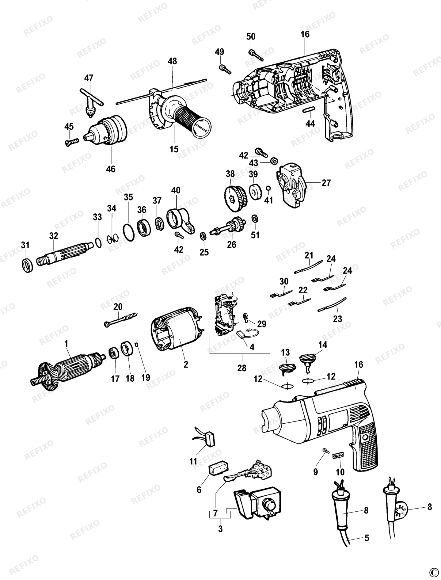 Деталировка DeWalt DW512-DE TYPE 2 перфоратор DW512-DE DW512 — схема запчастей в разборе
