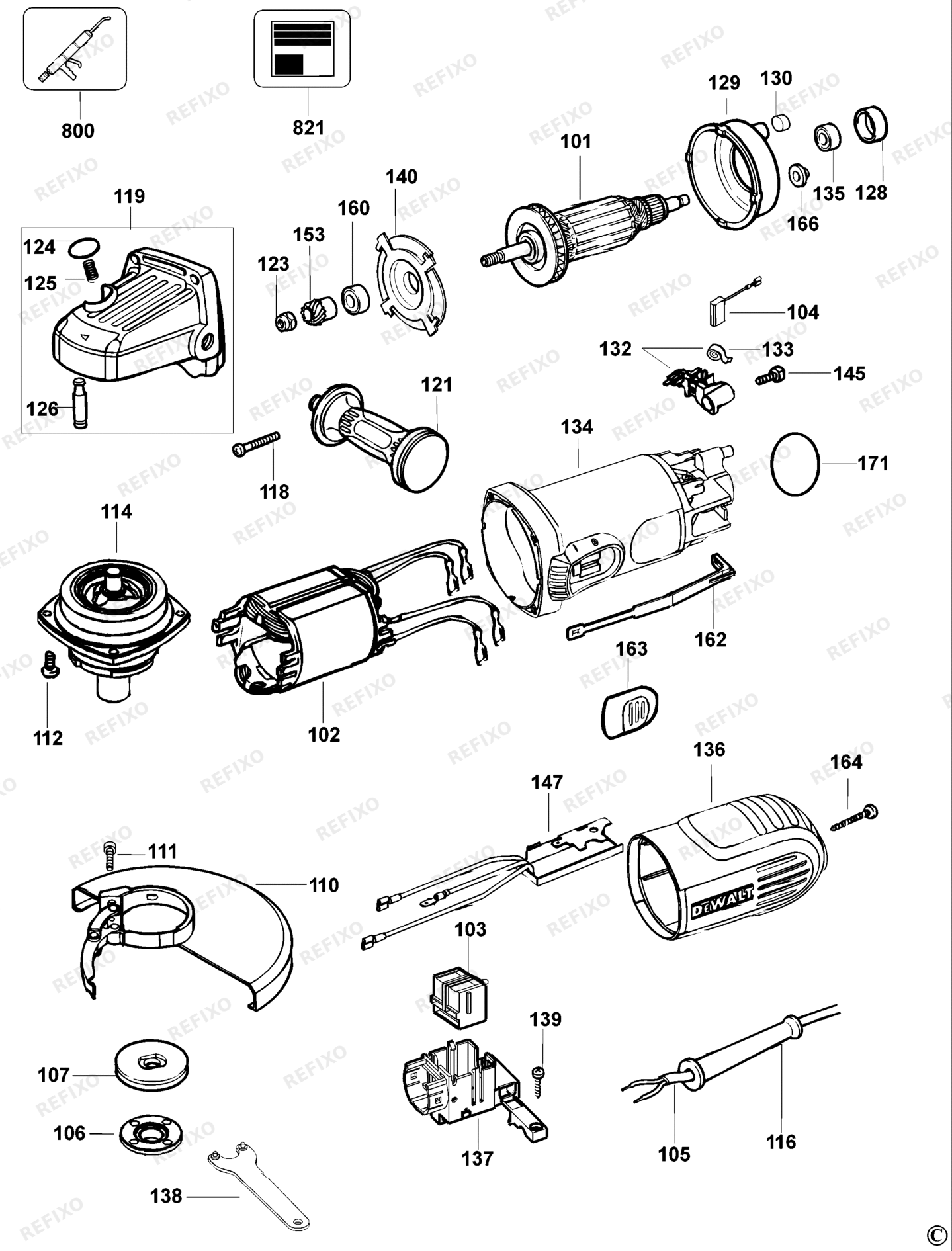 Деталировка DeWalt D28155-QS TYPE 1 SMALL ANGLE GRINDER D28155-QS D28155 — схема запчастей в разборе
