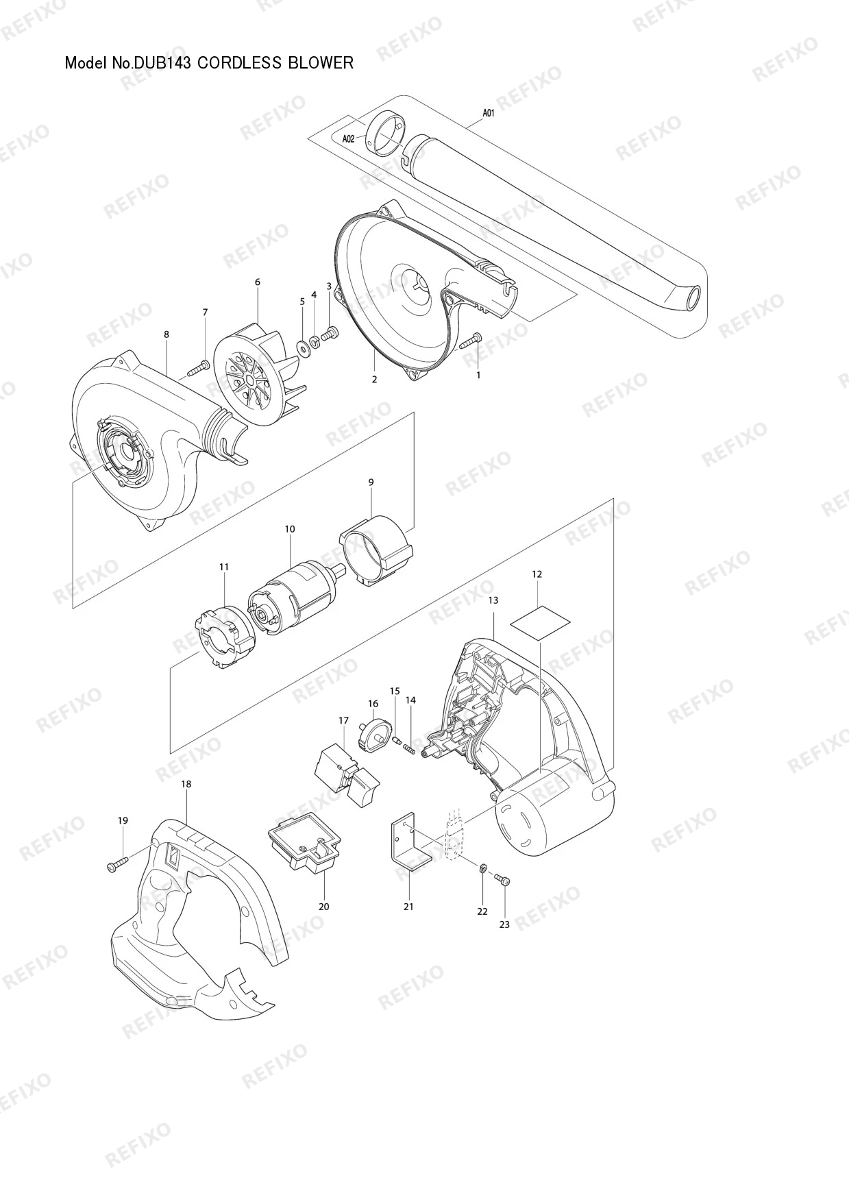 Деталировка MAKITA DUB143 — схема запчастей в разборе