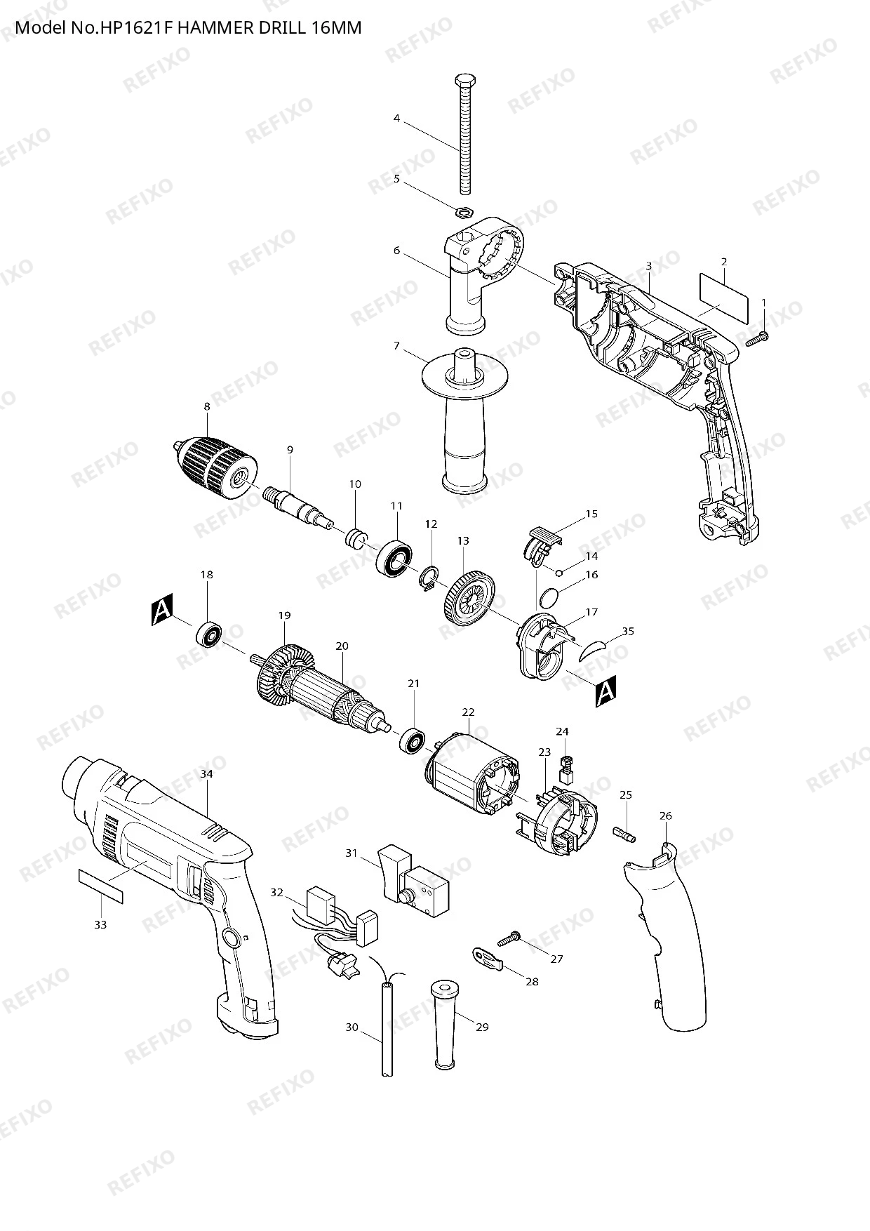 Деталировка MAKITA HP1621F — схема запчастей в разборе