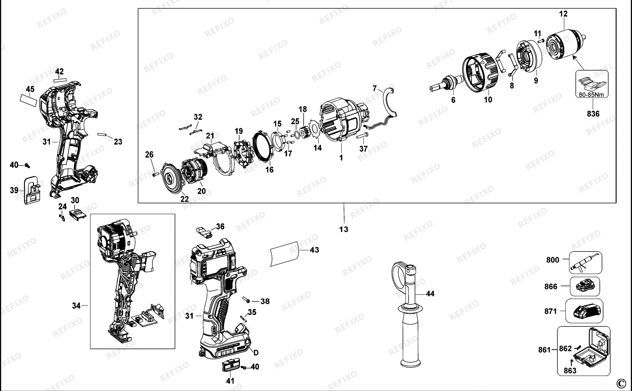 Деталировка DeWalt DCD991-QW TYPE 10 аккумуляторный - дрель 18V LI-ION DCD991-QW DCD991 — схема запчастей в разборе
