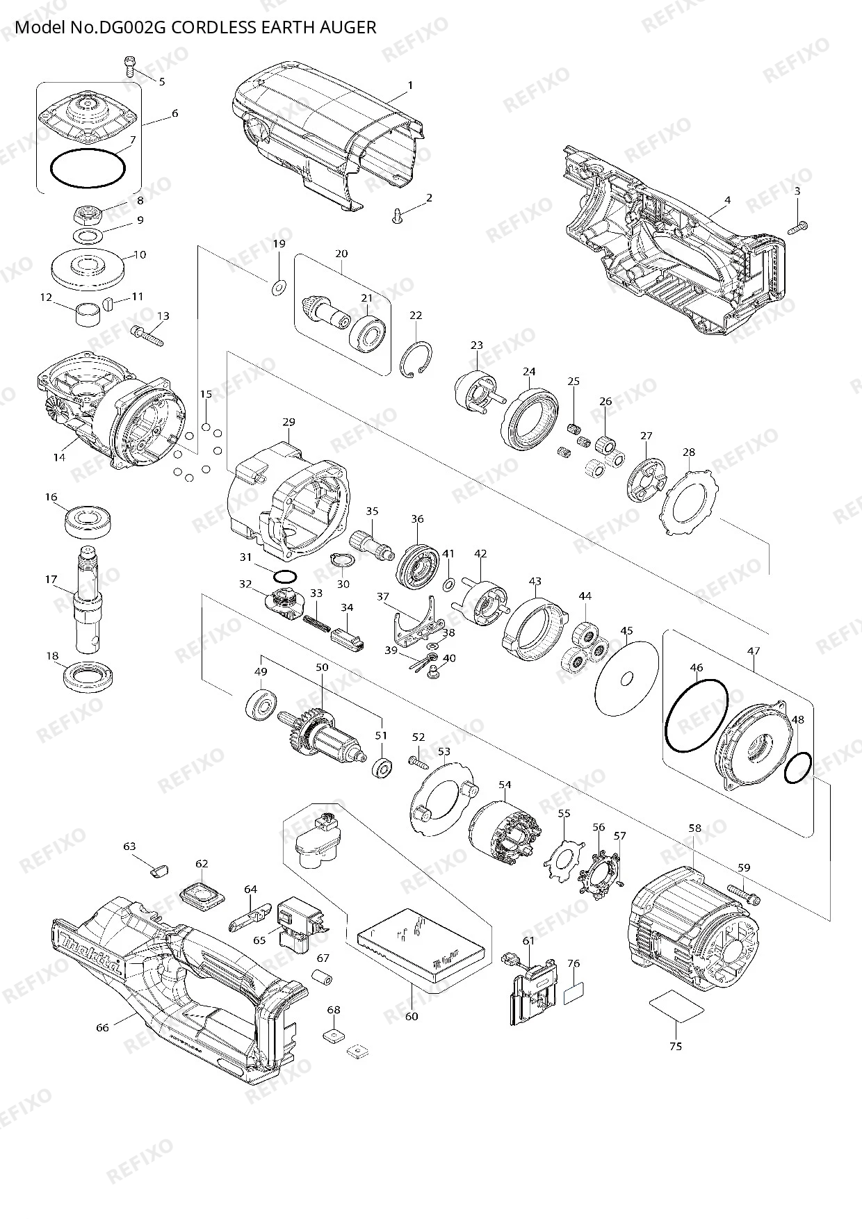 Деталировка MAKITA DG002G — схема запчастей в разборе