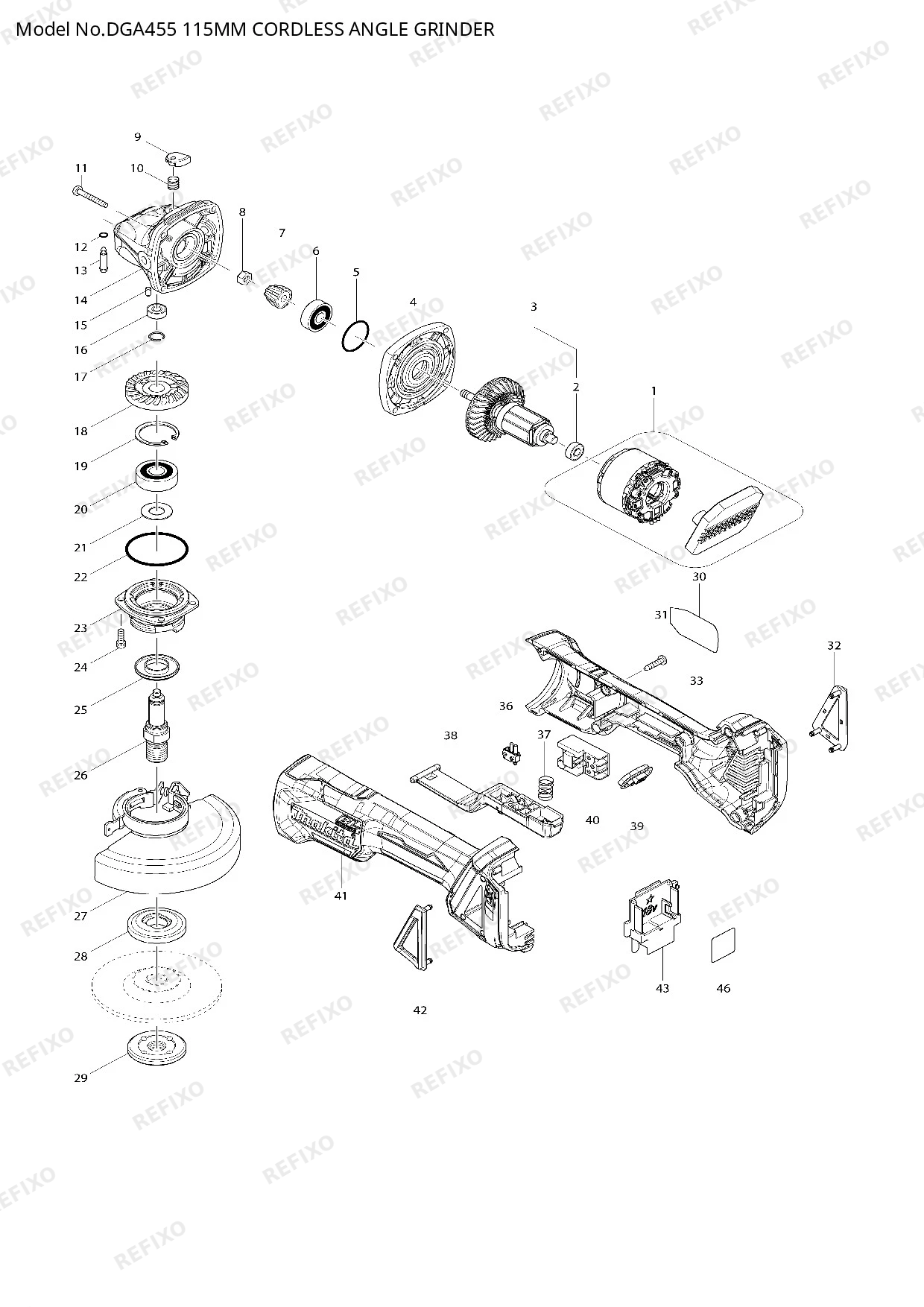 Деталировка MAKITA DGA455 — схема запчастей в разборе