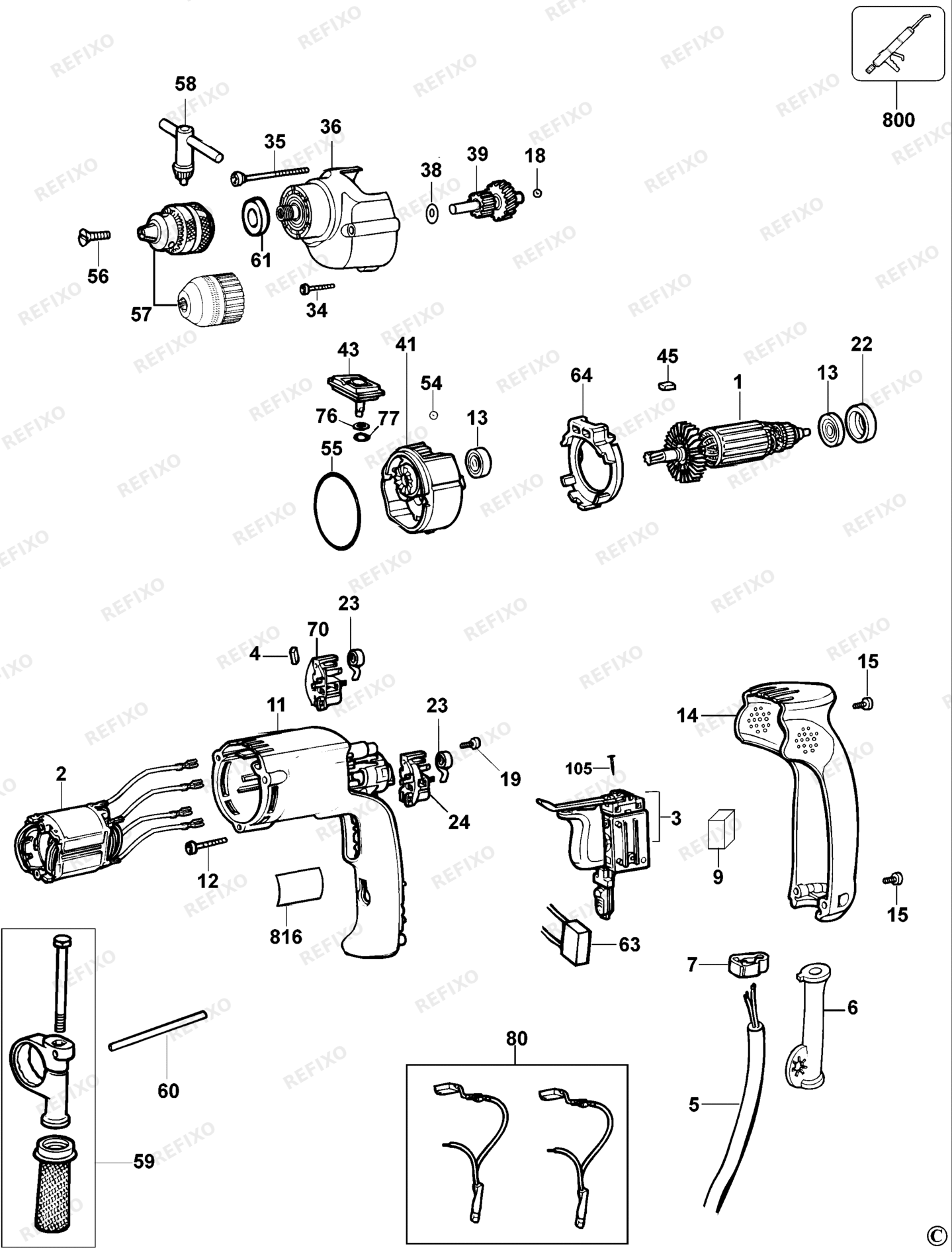Деталировка DeWalt DW205-QS TYPE 1 BOHRER DW205-QS DW205 — схема запчастей в разборе