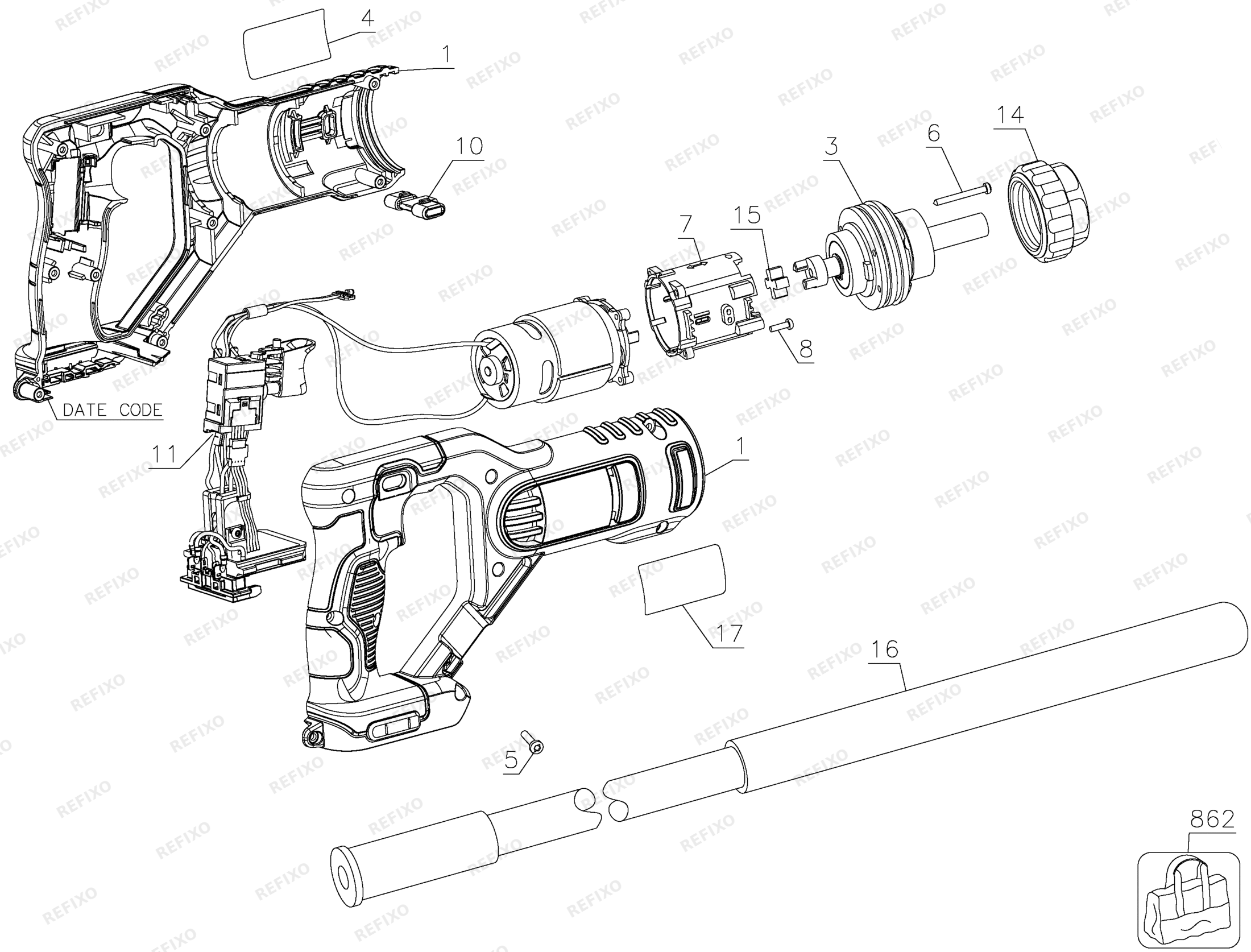Деталировка DeWalt DCE531N-XJ TYPE 1 18V XR CONCRETE VIBRATING DCE531N-XJ DCE531N — схема запчастей в разборе