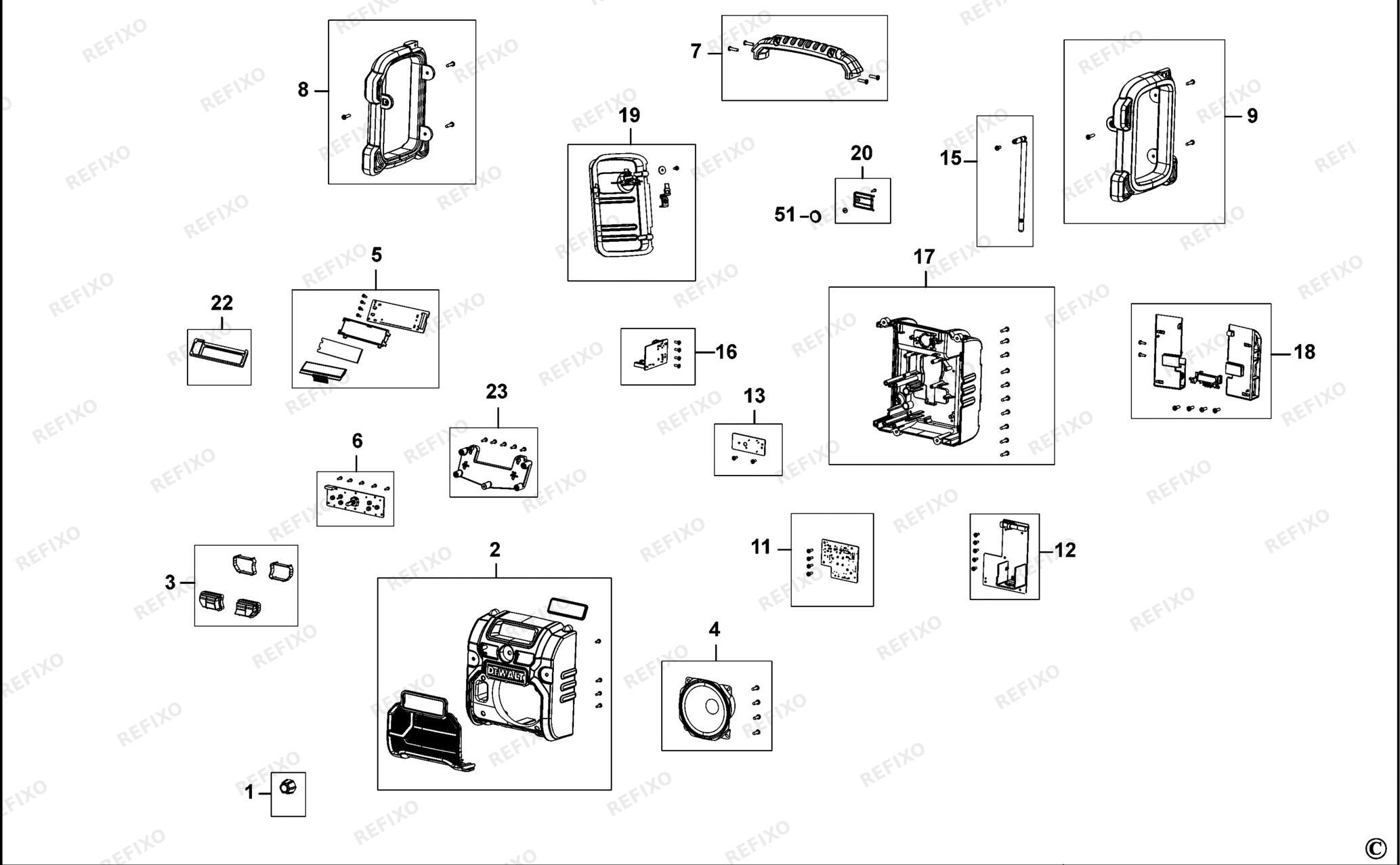 Деталировка DeWalt DCR021-QW TYPE 1 SITE RADIO DCR021-QW DCR021 — схема запчастей в разборе