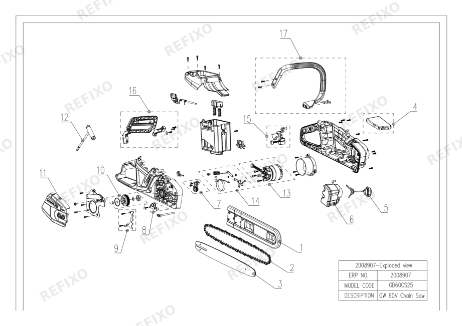 Деталировка Greenworks 2008907-GD60CS25-Exploded view — схема запчастей в разборе