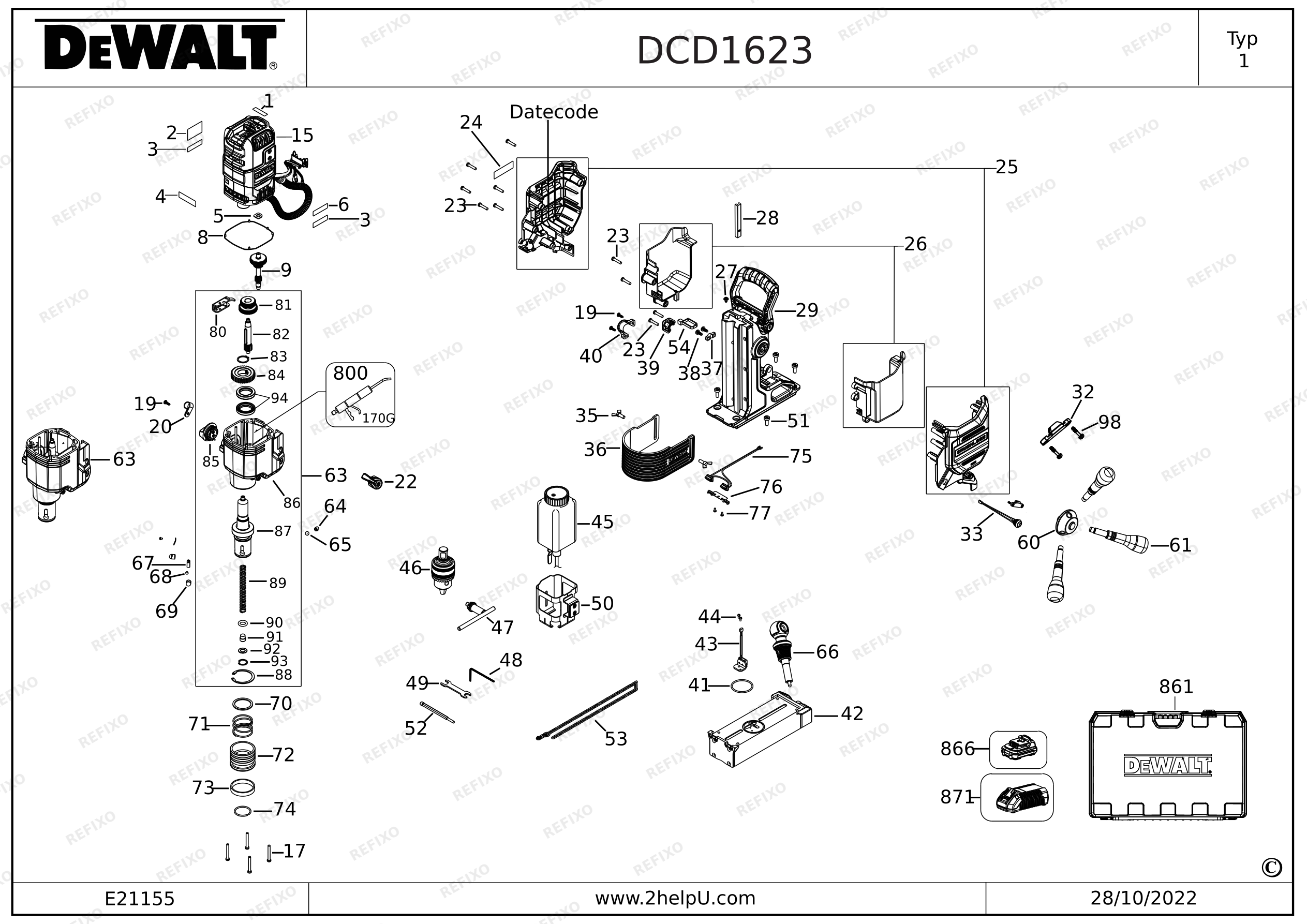 Деталировка DeWalt СВЕРЛИЛЬНЫЙ СТАНОК НА МАГНИТНОЙ СТОЙКЕ DCD1623X2G — схема запчастей в разборе
