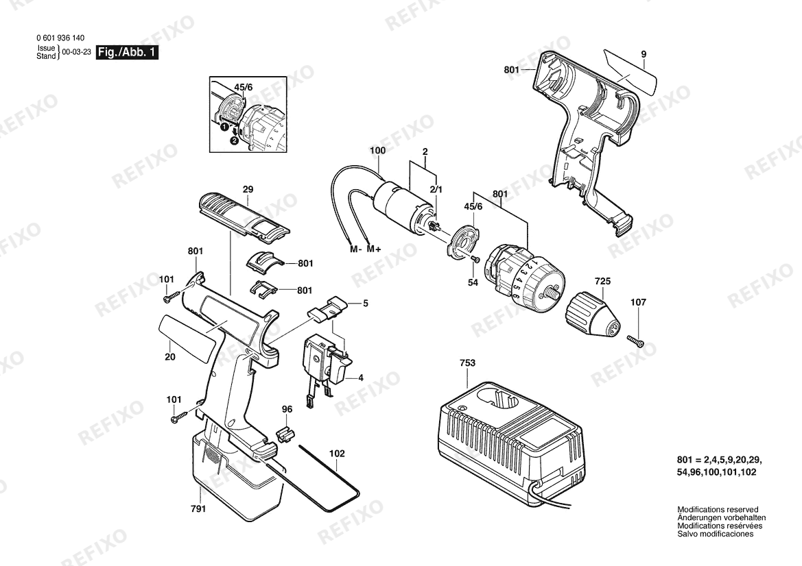 Деталировка Bosch Gw- аккумуляторный - шуруповёрт 3610 | 14.4 V | 061 - US (0 601 936 843) — схема запчастей в разборе