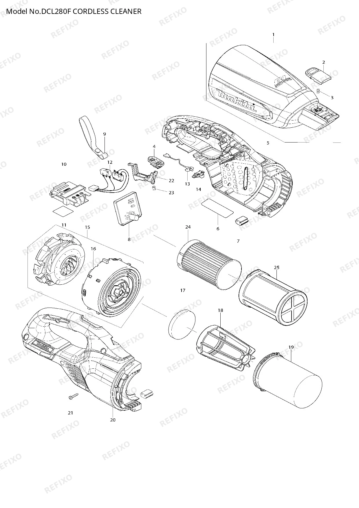 Деталировка MAKITA DCL280F — схема запчастей в разборе