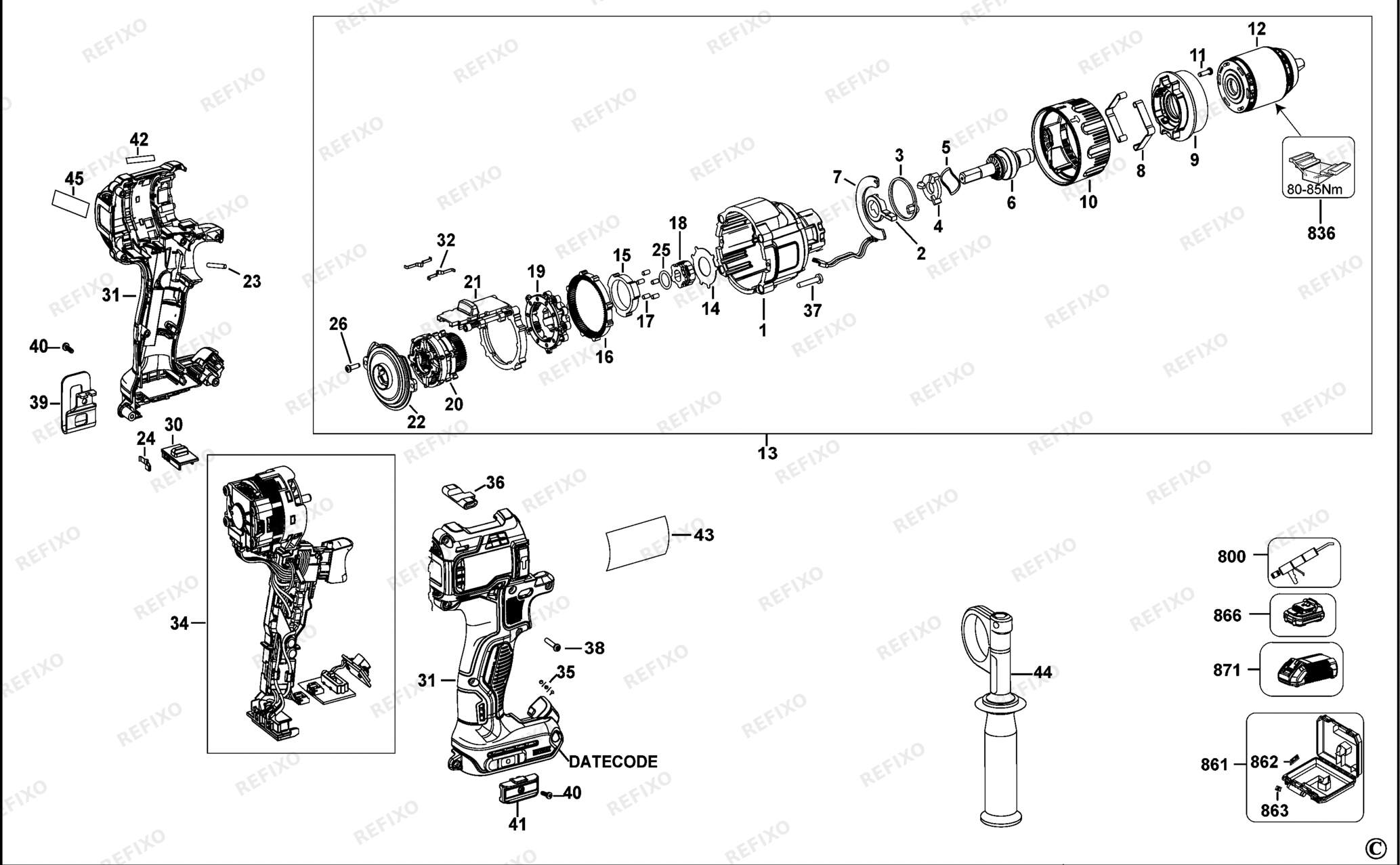 Деталировка DeWalt DCD996-XJ TYPE 10 аккумуляторный - дрель 18V LI-ION DCD996-XJ DCD996 — схема запчастей в разборе