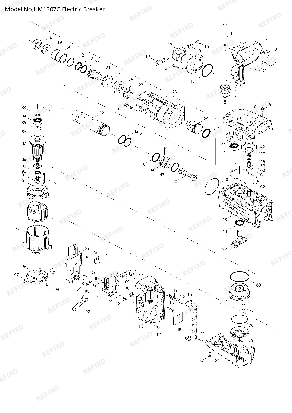 Деталировка MAKITA HM1307C — схема запчастей в разборе