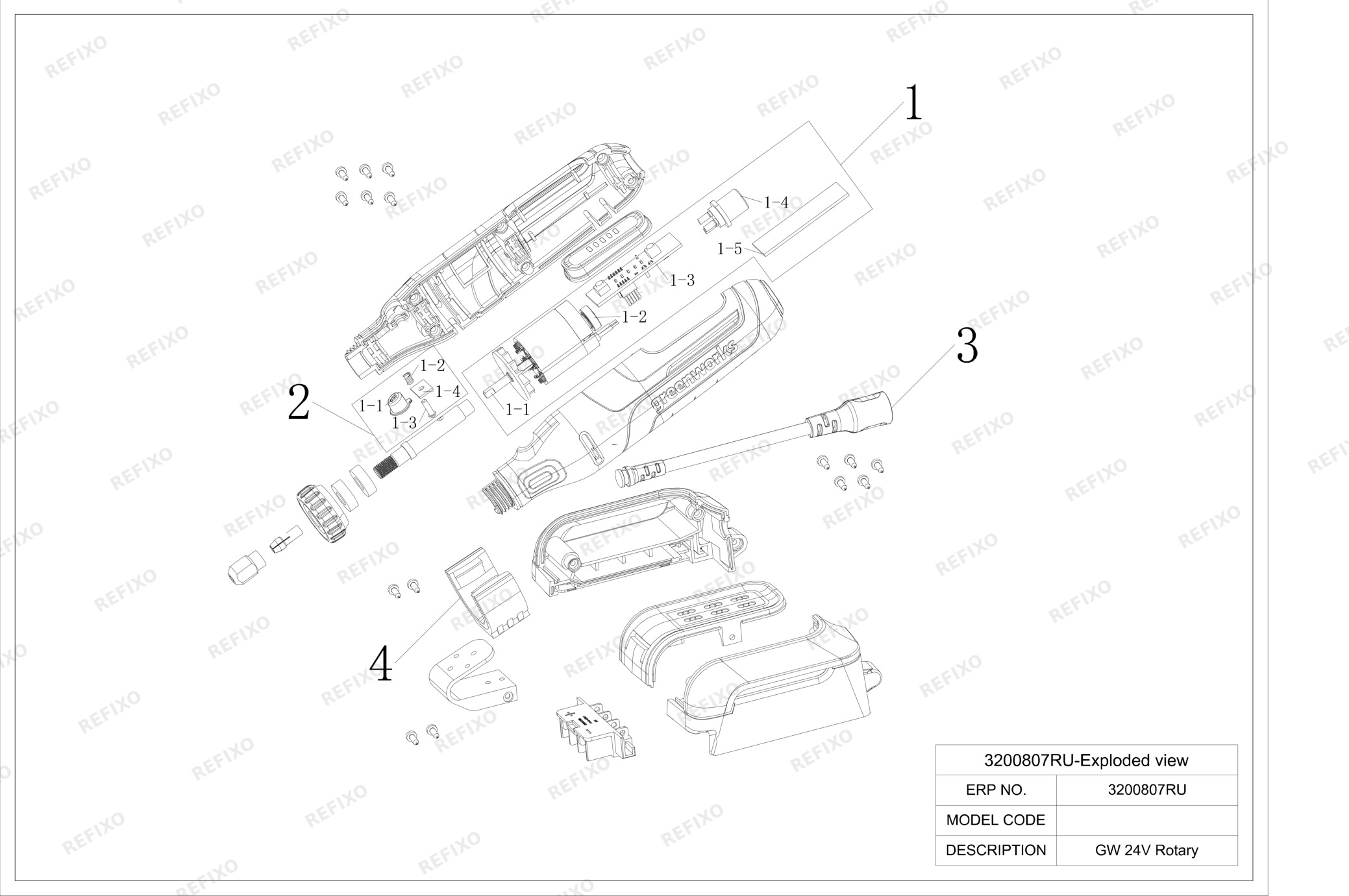 Деталировка Greenworks 3200807-Exploded view — схема запчастей в разборе