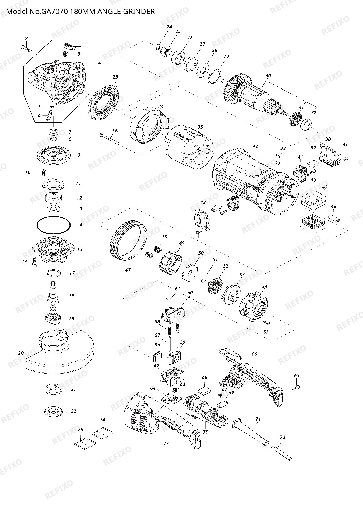Деталировка MAKITA GA7070 — схема запчастей в разборе