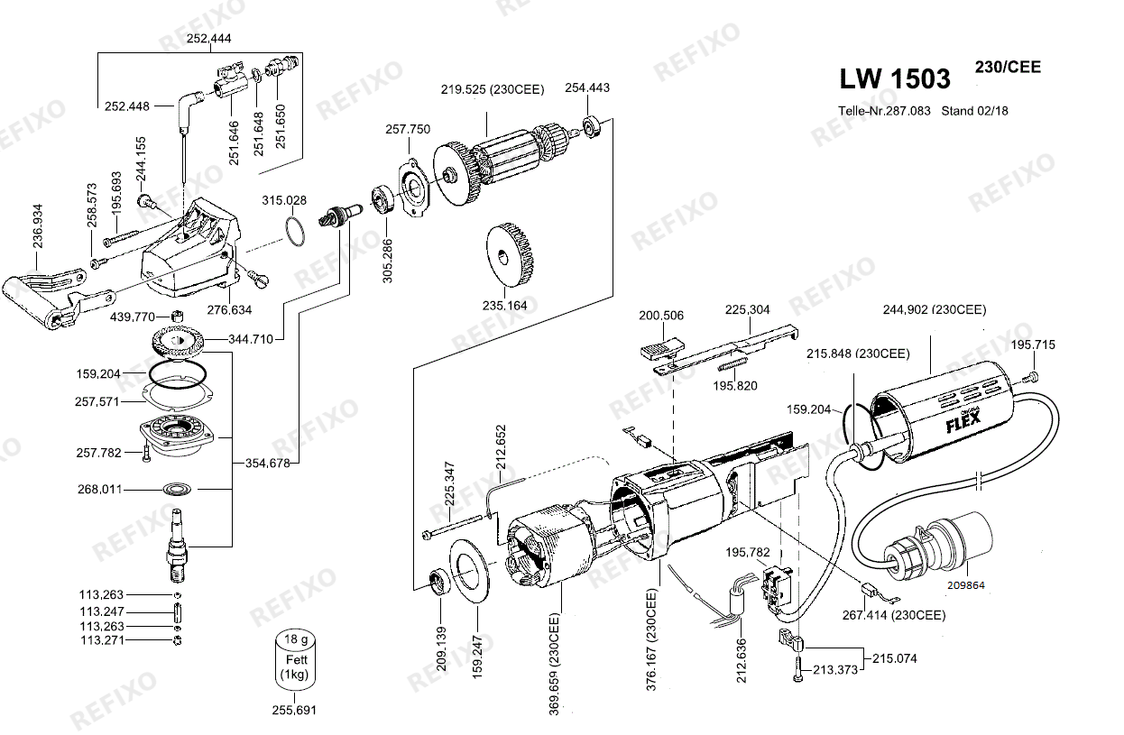 Деталировка Flex LW 1503 Naß- шлифмашина bis 07.2018 253074 — схема запчастей в разборе