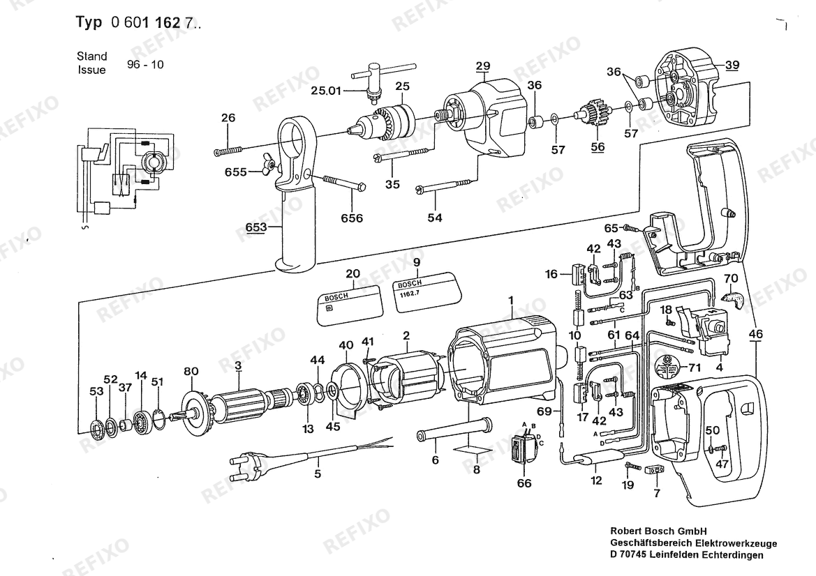 Деталировка Bosch Дрель VSR | 115 V | 025 - AMS (0 601 162 734) — схема запчастей в разборе