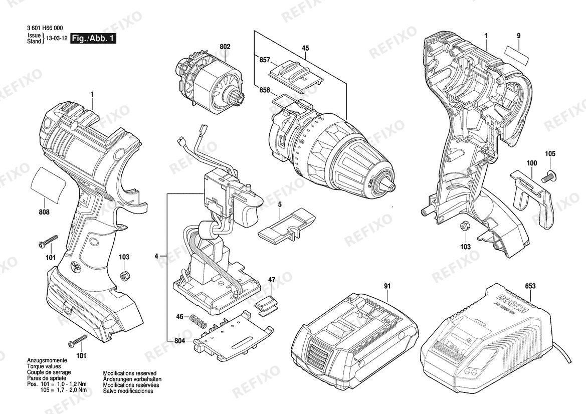 Деталировка Bosch Аккумуляторный шуруповёрт GSR 14,4 V-LI Bare | 14.4 V | 001 - EU (3 601 H66 000) — схема запчастей в разборе