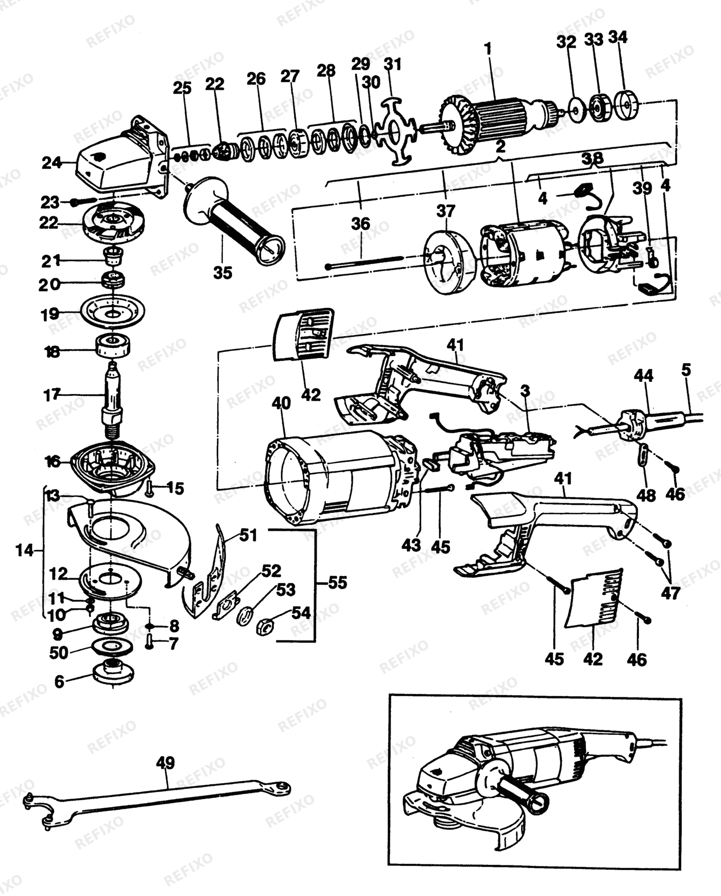 Деталировка DeWalt DW432K-XJ TYPE 1 угловая шлифмашина DW432K-XJ DW432K — схема запчастей в разборе