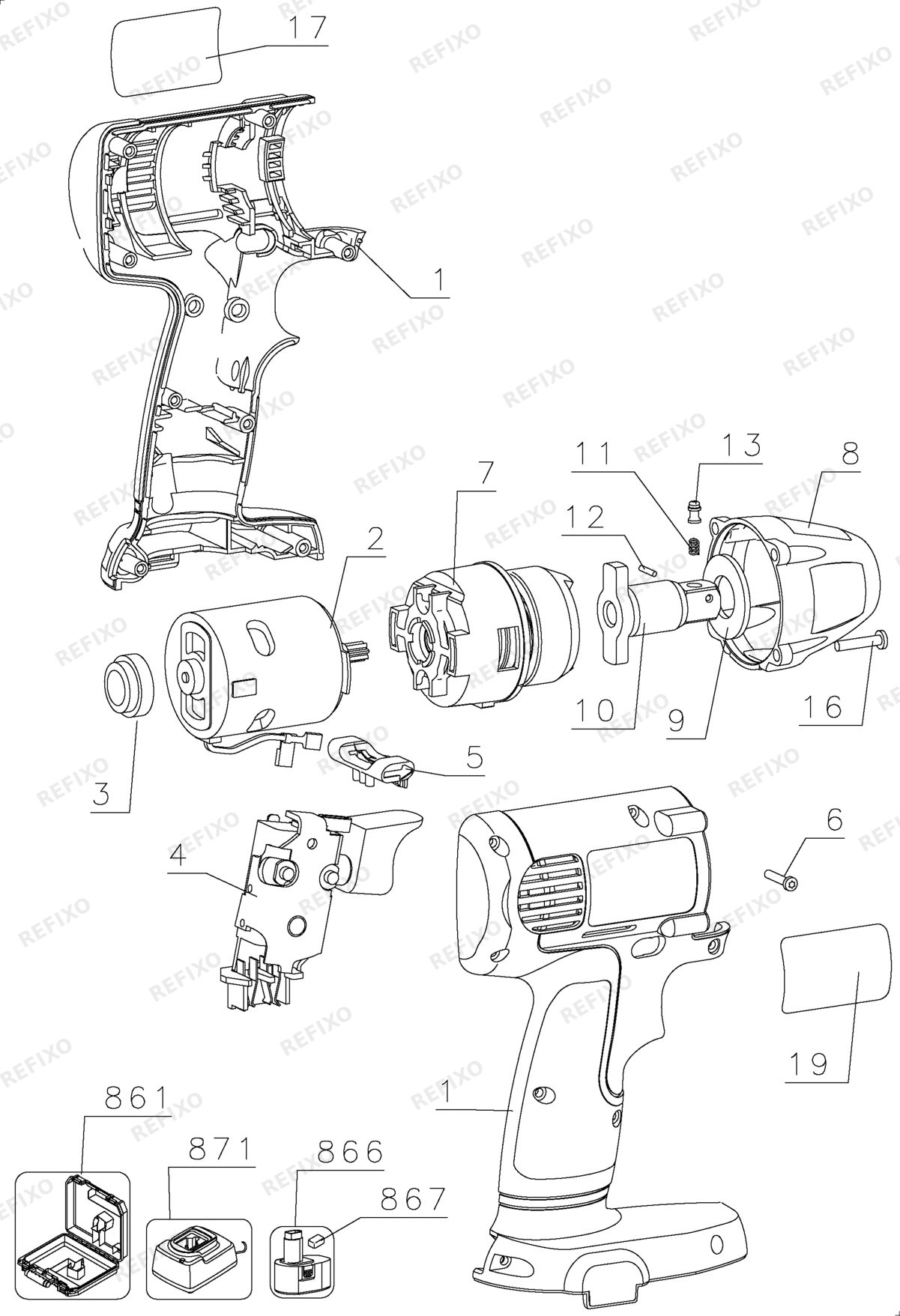 Деталировка DeWalt DW055K2H-QW TYPE 1 SCHLAGSCHRAUBER DW055K2H-QW DW055K2H — схема запчастей в разборе