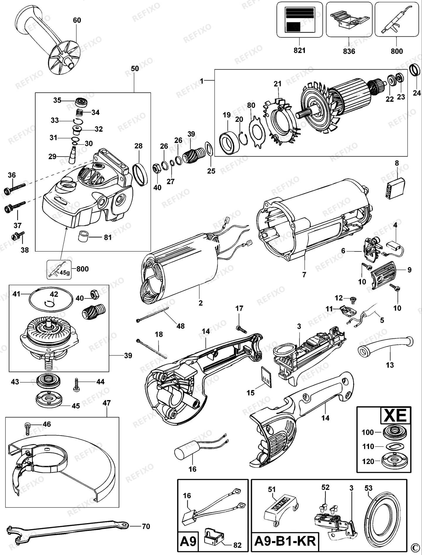 Деталировка DeWalt D28414-QS TYPE 1 угловая шлифмашина D28414-QS D28414 — схема запчастей в разборе