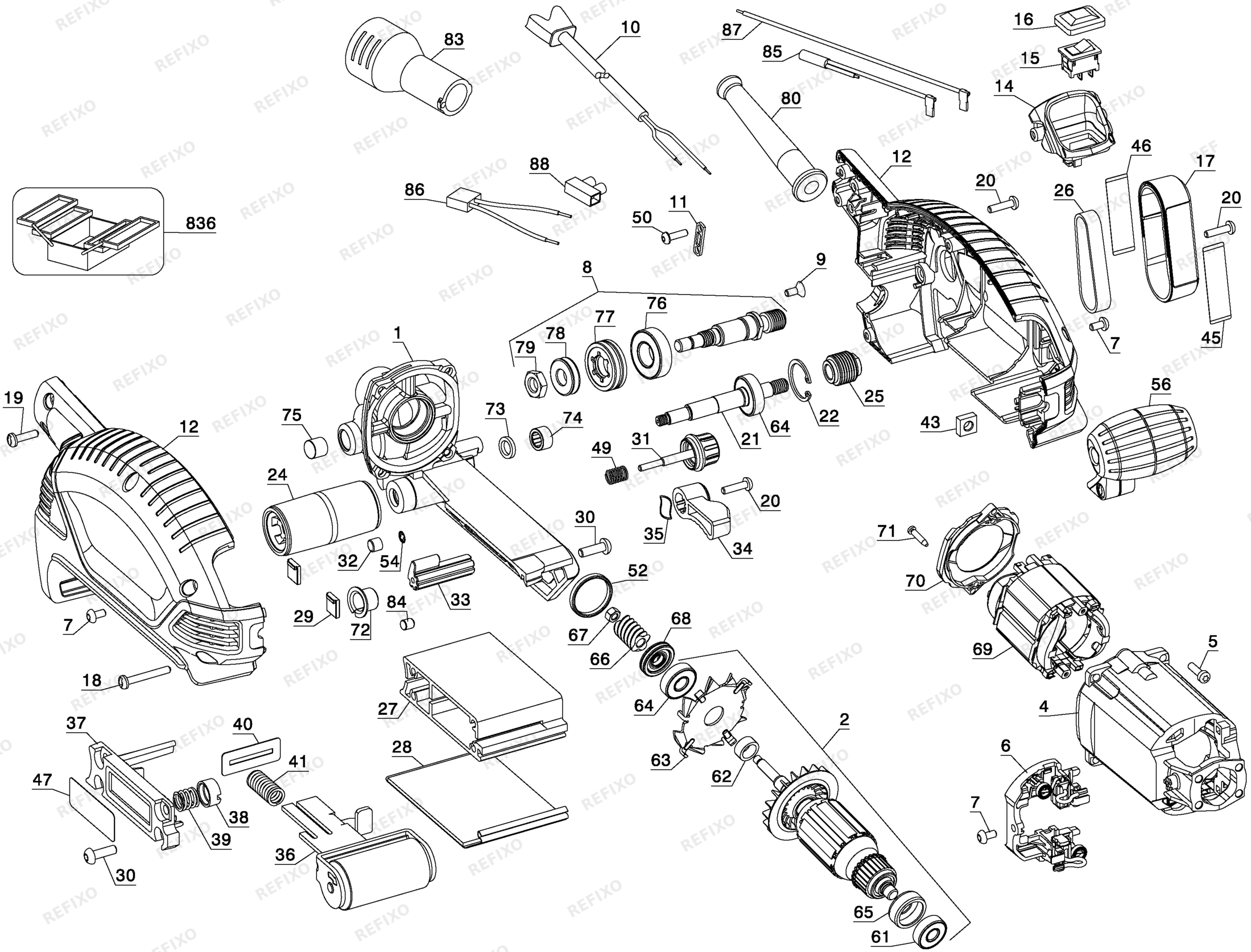 Деталировка DeWalt D26480-QS TYPE 1 ленточная шлифмашина D26480-QS D26480 — схема запчастей в разборе