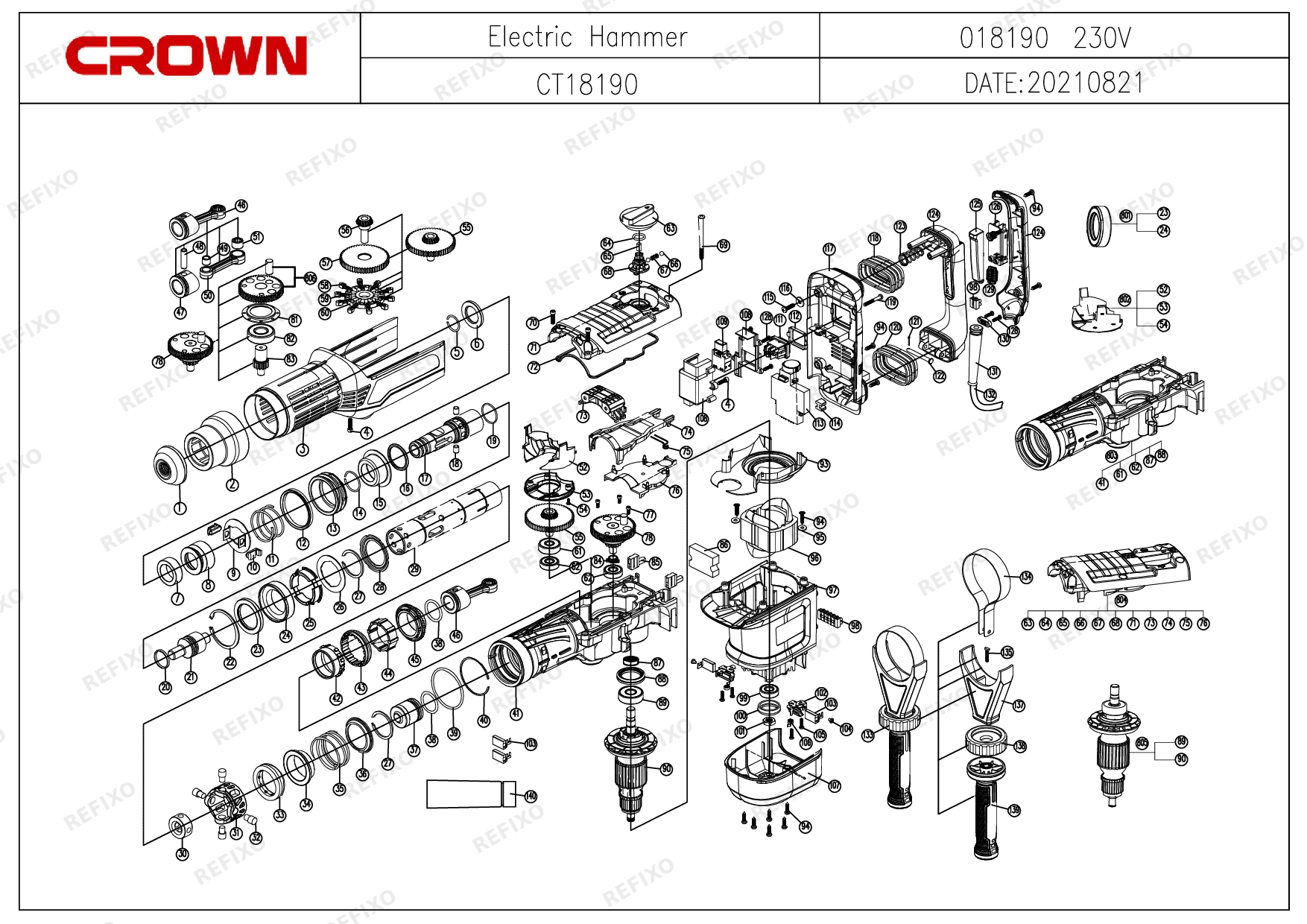 Деталировка CROWN CT18190 (с с.н.230....) — схема запчастей в разборе