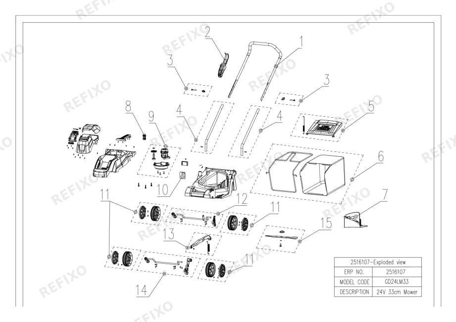 Деталировка Greenworks 2516107-Exploded wiew-GD24LM33 ДАТА ПРОИЗВОДСТВА до 01-01-2026 — схема запчастей в разборе