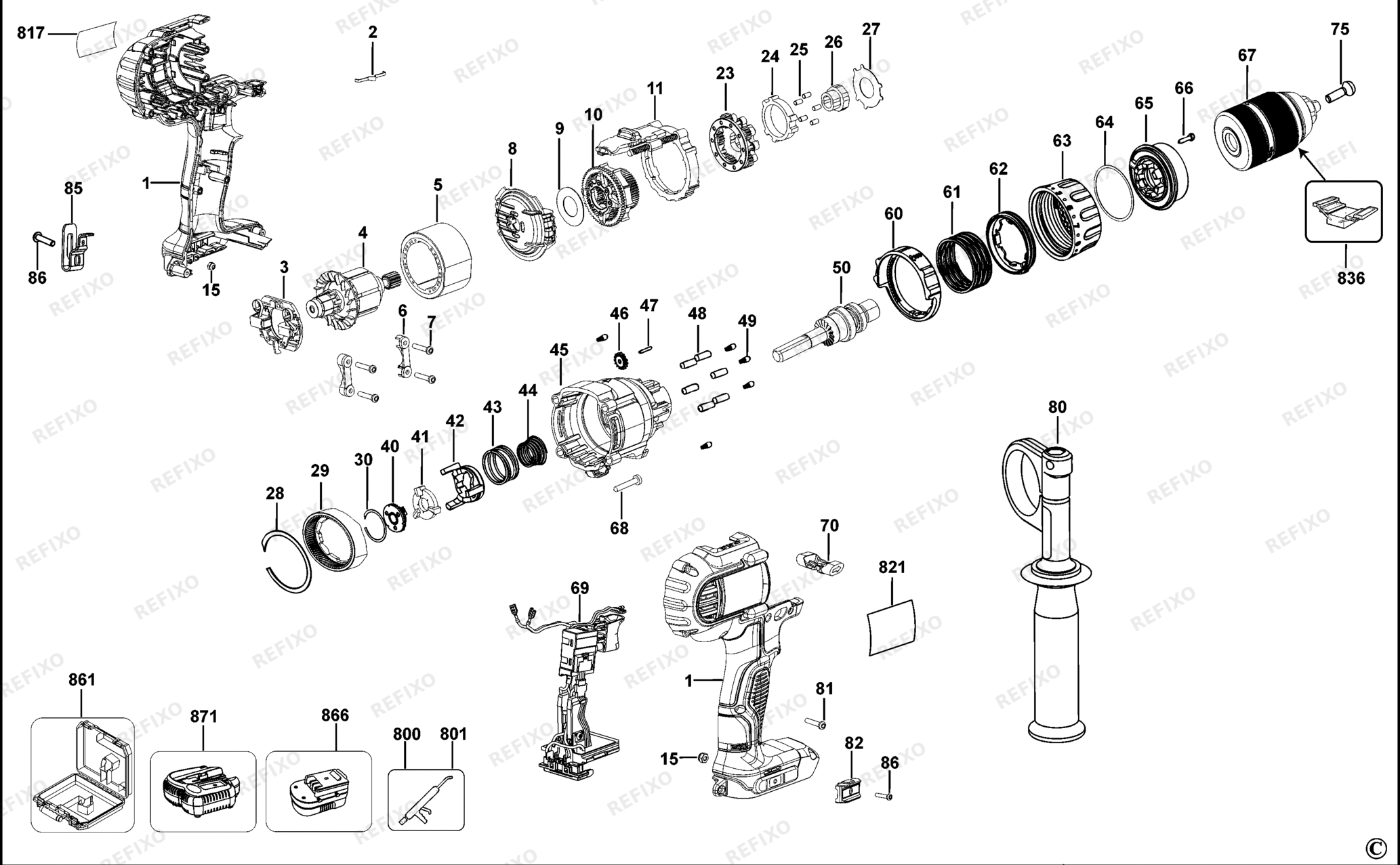 Деталировка DeWalt DCD936-QS TYPE 11 аккумуляторный - дрель DCD936-QS DCD936 — схема запчастей в разборе