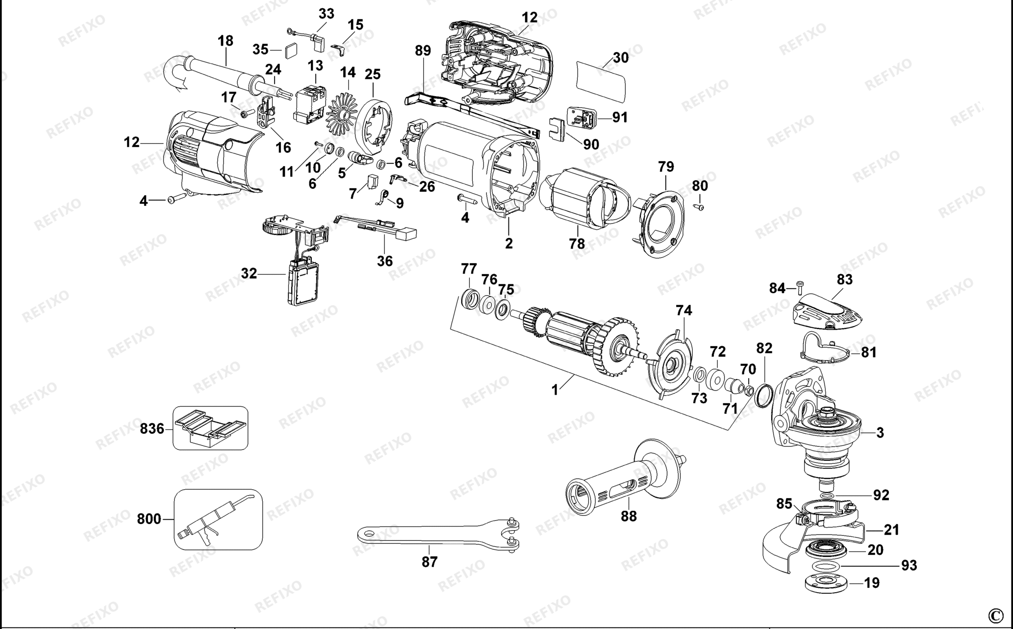 Деталировка DeWalt D28117-QS TYPE 2 SMALL ANGLE GRINDER D28117-QS D28117 — схема запчастей в разборе