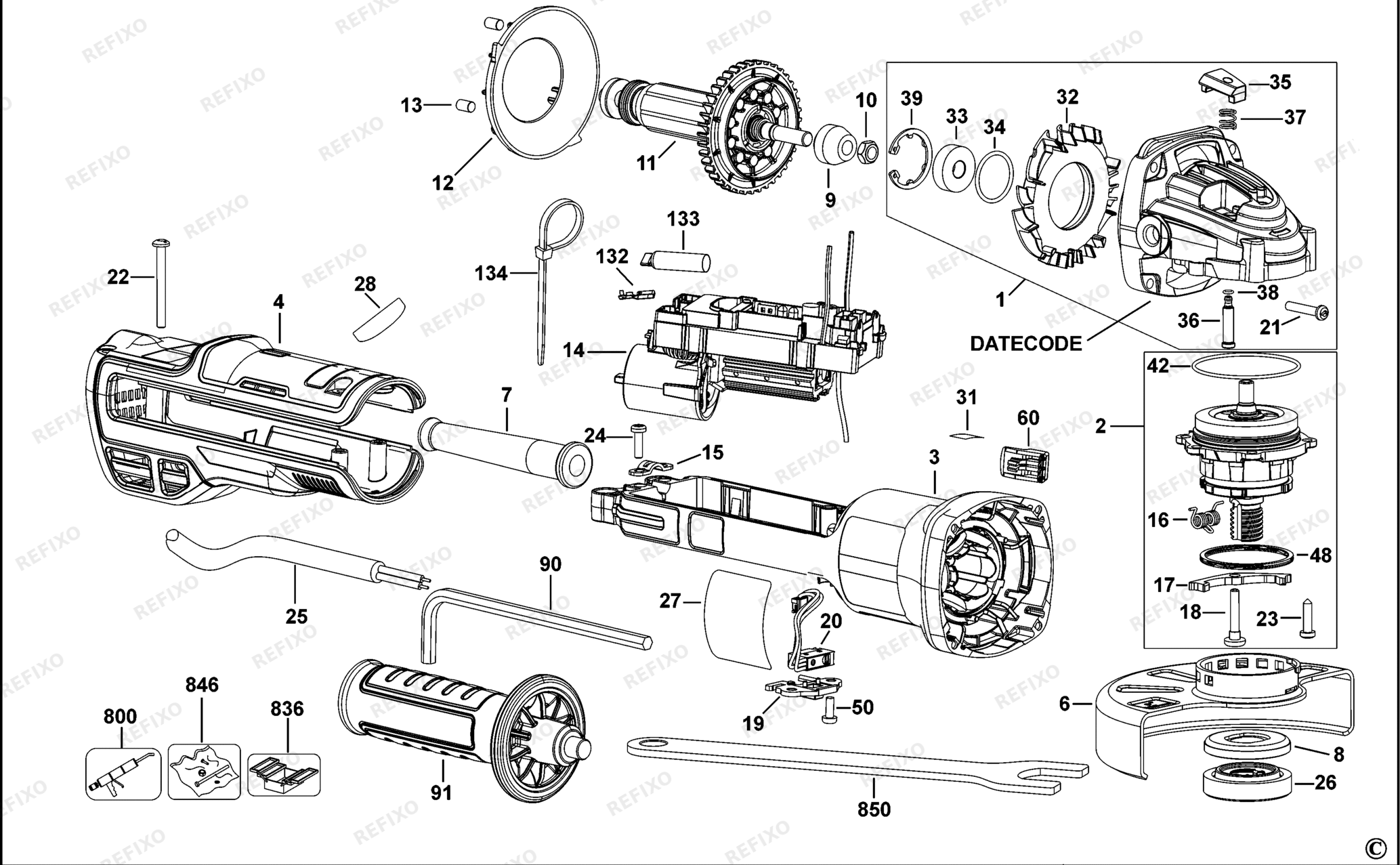 Деталировка DeWalt DWE4347-QS TYPE 1 SMALL ANGLE GRINDER DWE4347-QS DWE4347 — схема запчастей в разборе
