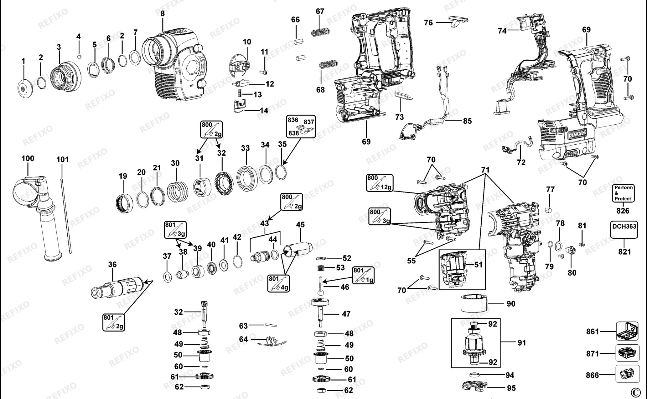Деталировка DeWalt DCH363-QW TYPE 1 DREHHAMMER DCH363-QW DCH363 — схема запчастей в разборе