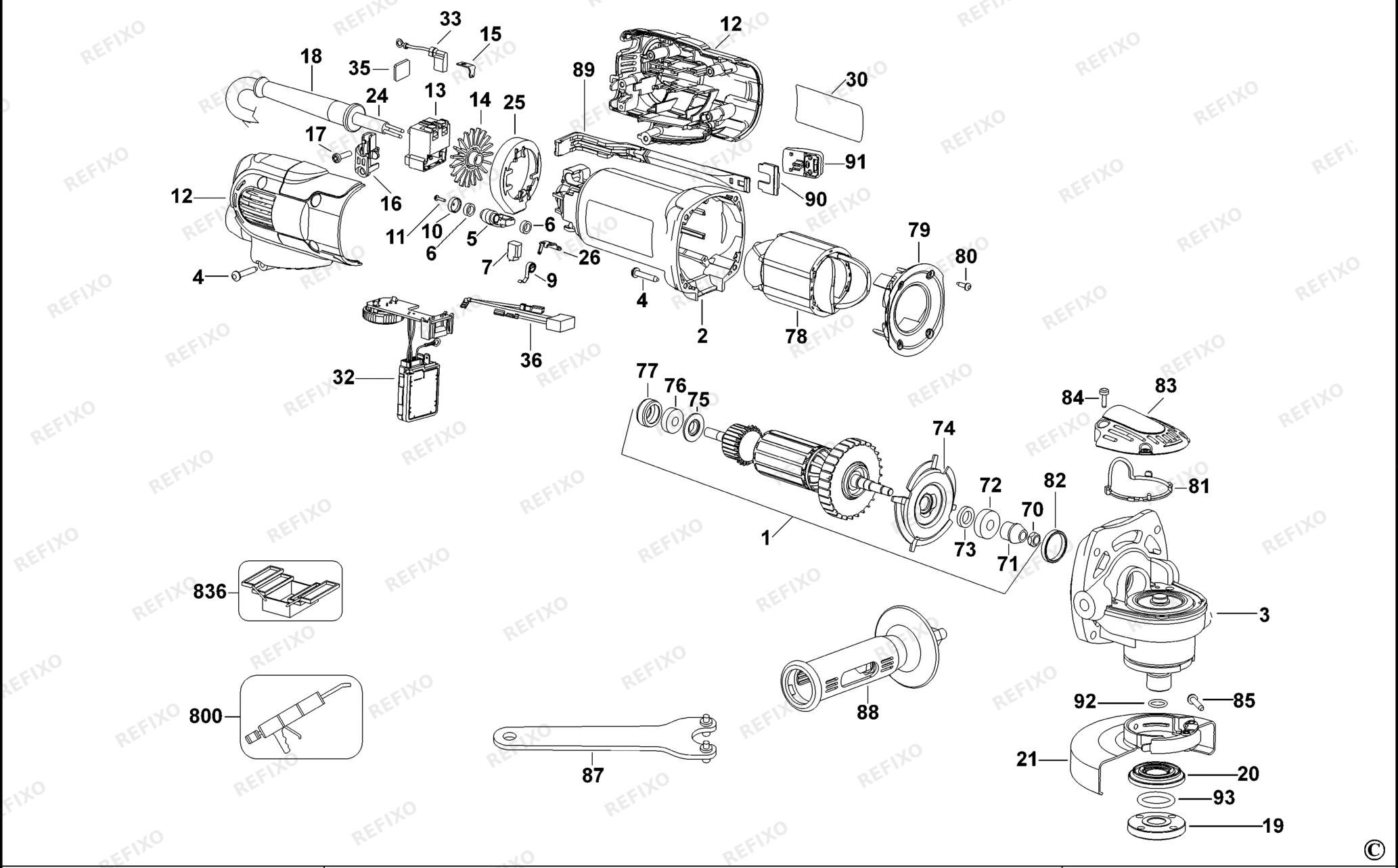 Деталировка DeWalt D28116-QS TYPE 1 SMALL ANGLE GRINDER D28116-QS D28116 — схема запчастей в разборе
