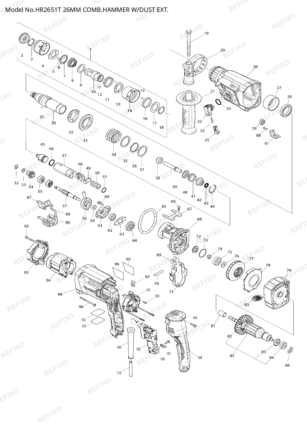 Деталировка MAKITA HR2651T — схема запчастей в разборе