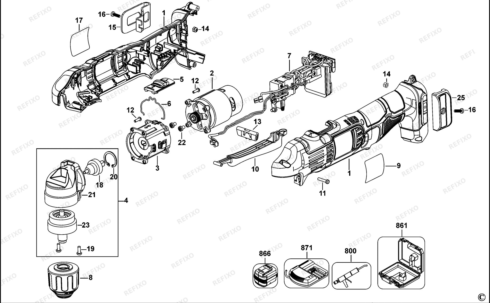 Деталировка DeWalt DCD720-QW TYPE 1 RIGHT ANGLE DRILL DCD720-QW DCD720 — схема запчастей в разборе