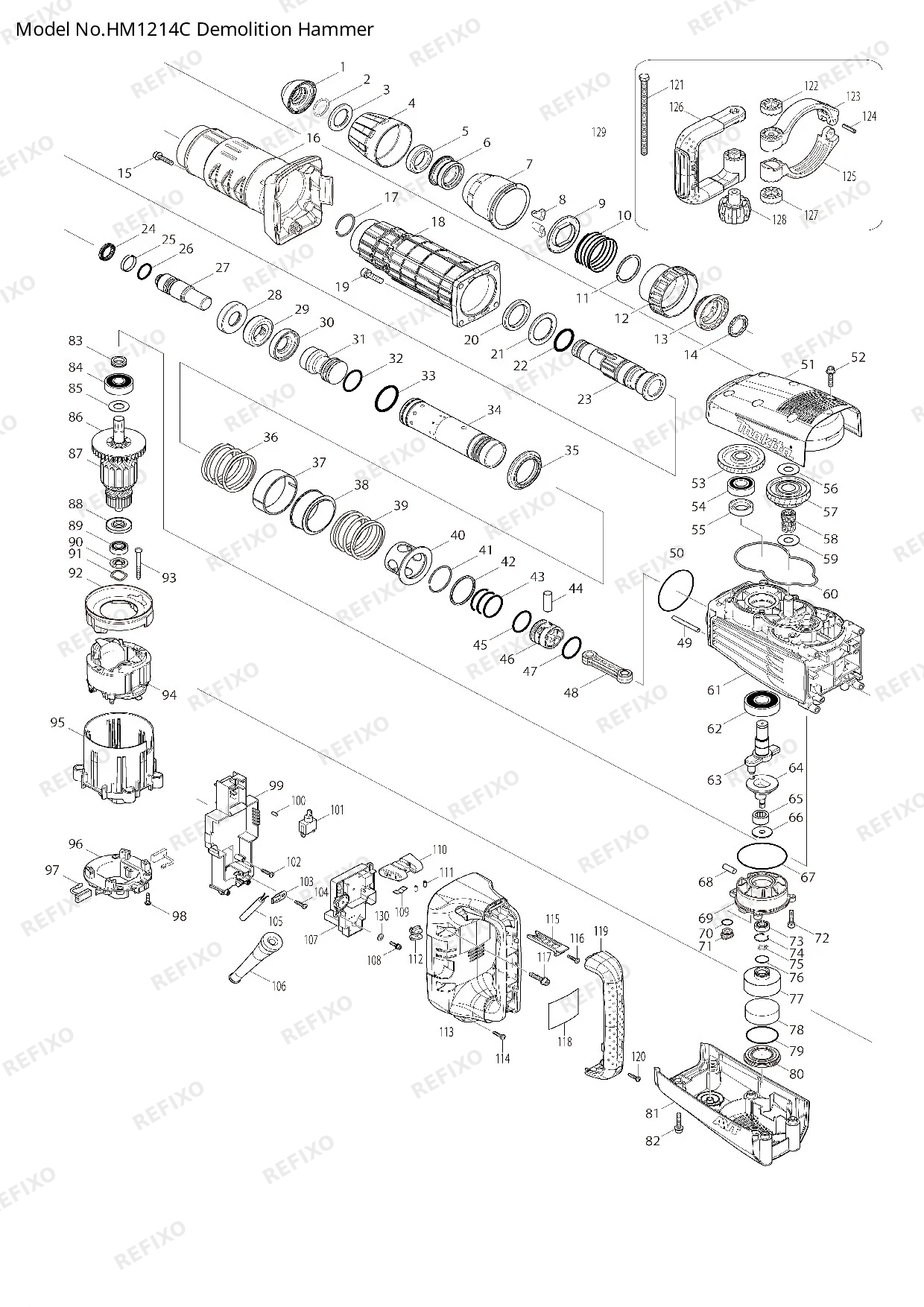 Деталировка MAKITA HM1214C — схема запчастей в разборе