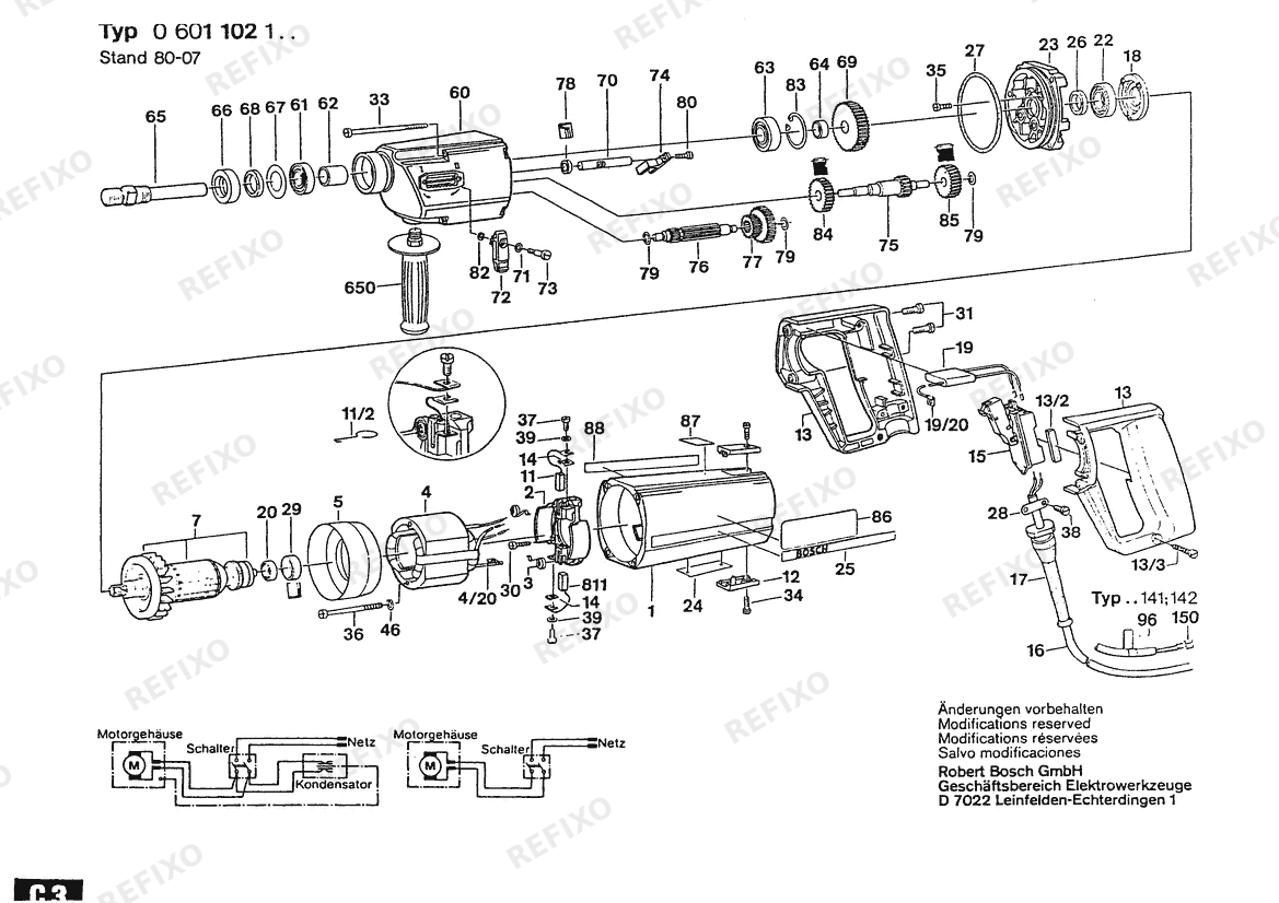 Деталировка Bosch Дрель DRILL | 115 V | 061 - US (0 601 102 134) — схема запчастей в разборе