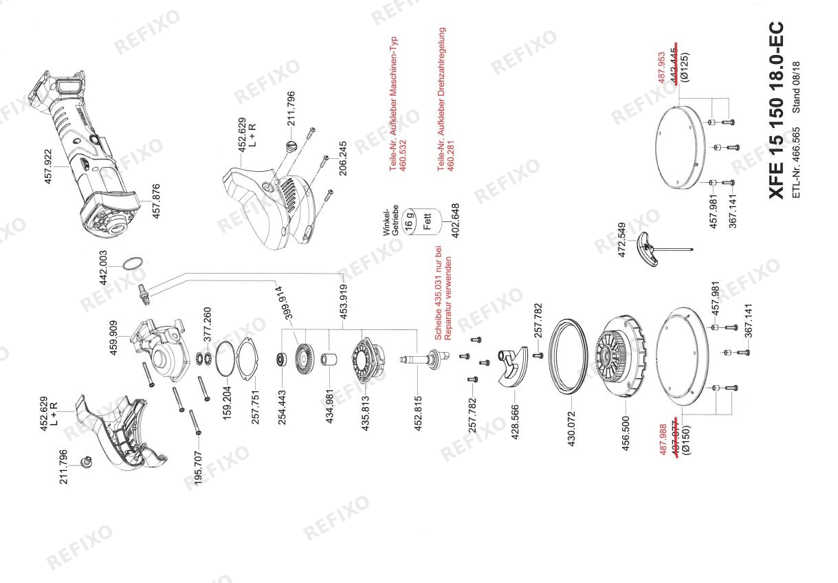 Деталировка Flex XFE 15 150 18.0-EC C — схема запчастей в разборе
