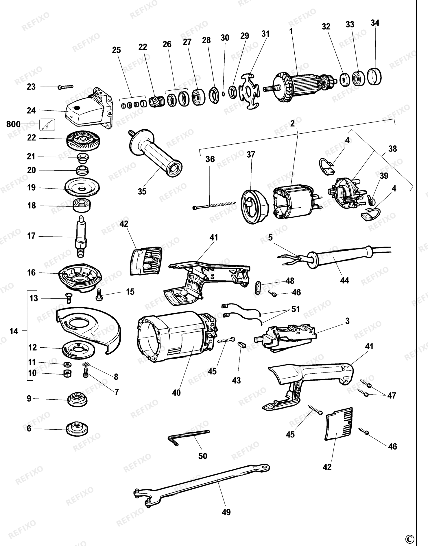 Деталировка DeWalt DW490-QS TYPE 3 угловая шлифмашина DW490-QS DW490 — схема запчастей в разборе
