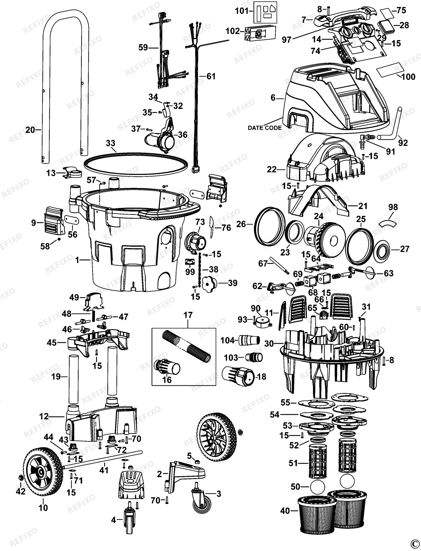 Деталировка DeWalt DWV902M-LX TYPE 1 STAUBABSAUGER DWV902M-LX DWV902M — схема запчастей в разборе