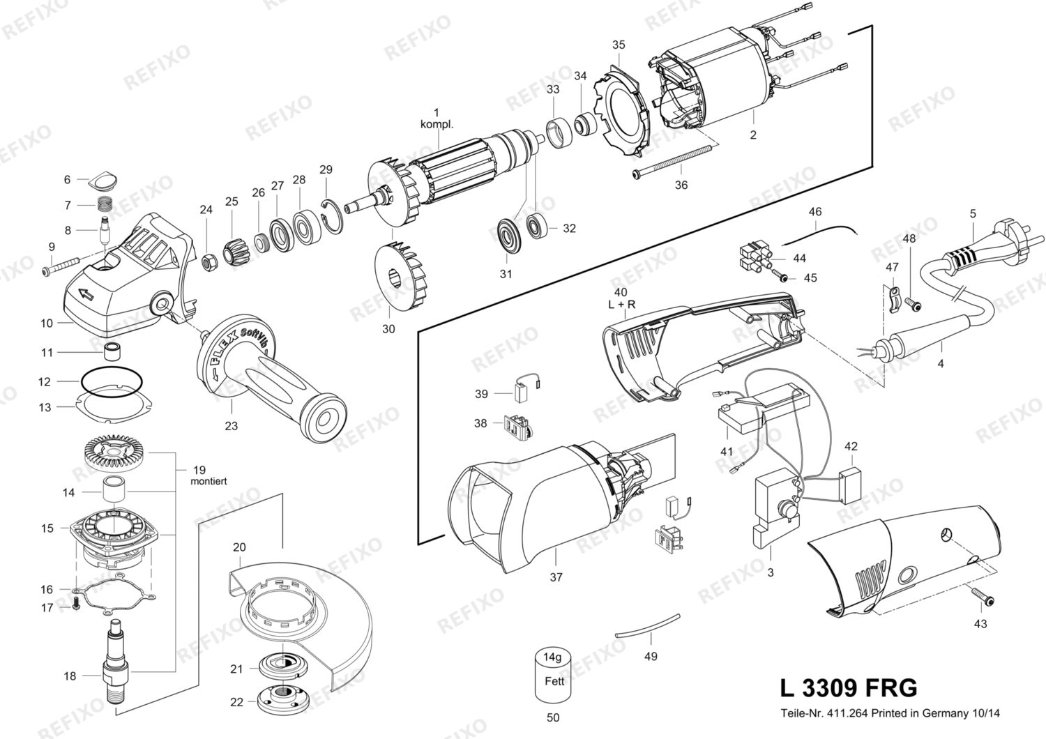 Деталировка Flex L 3309 FRG 230CEE Fixtec 406570 — схема запчастей в разборе