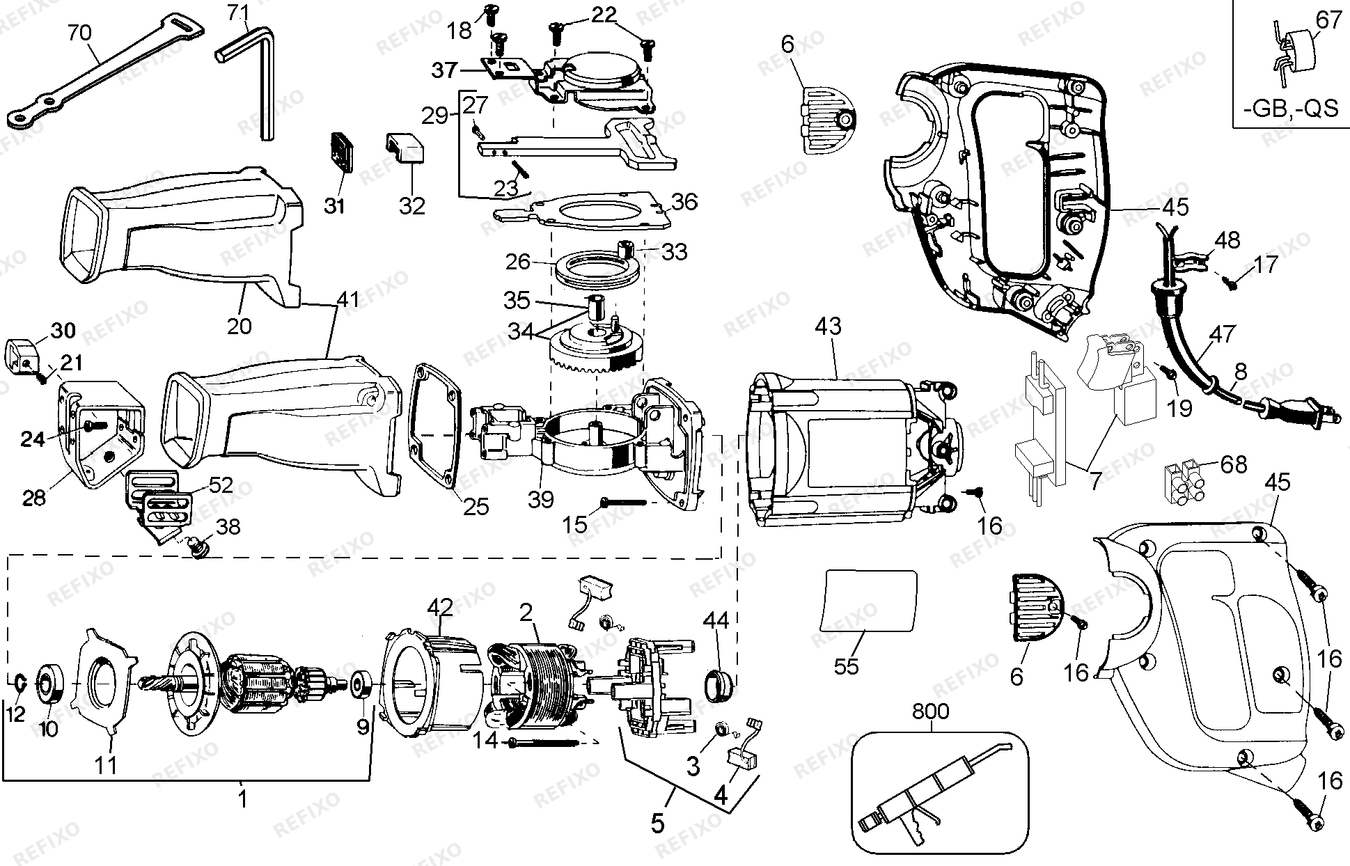 Деталировка DeWalt DW303K-QS TYPE 1 RECIPROCATING SAW DW303K-QS DW303K — схема запчастей в разборе