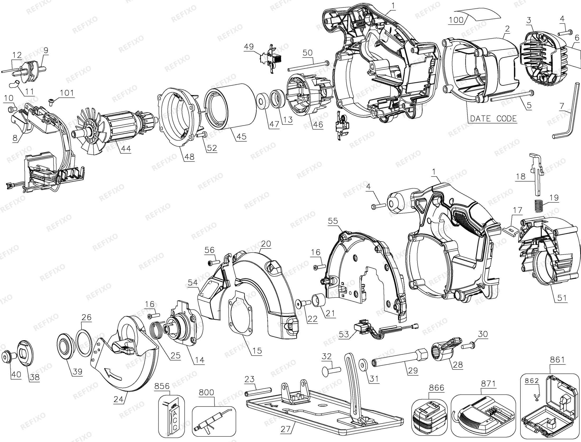 Деталировка DeWalt DCS373KN-XJ TYPE 1 18V METAL CUTTER Bare w DCS373KN-XJ DCS373KN — схема запчастей в разборе