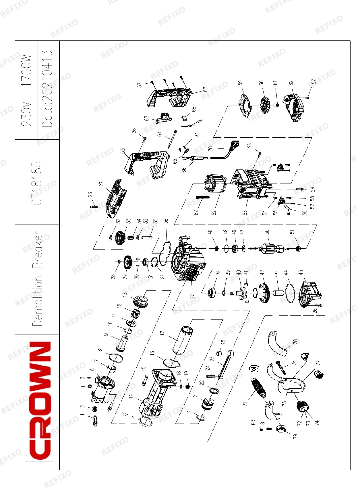 Деталировка CROWN CT18185 (с с_н 220.. .) — схема запчастей в разборе