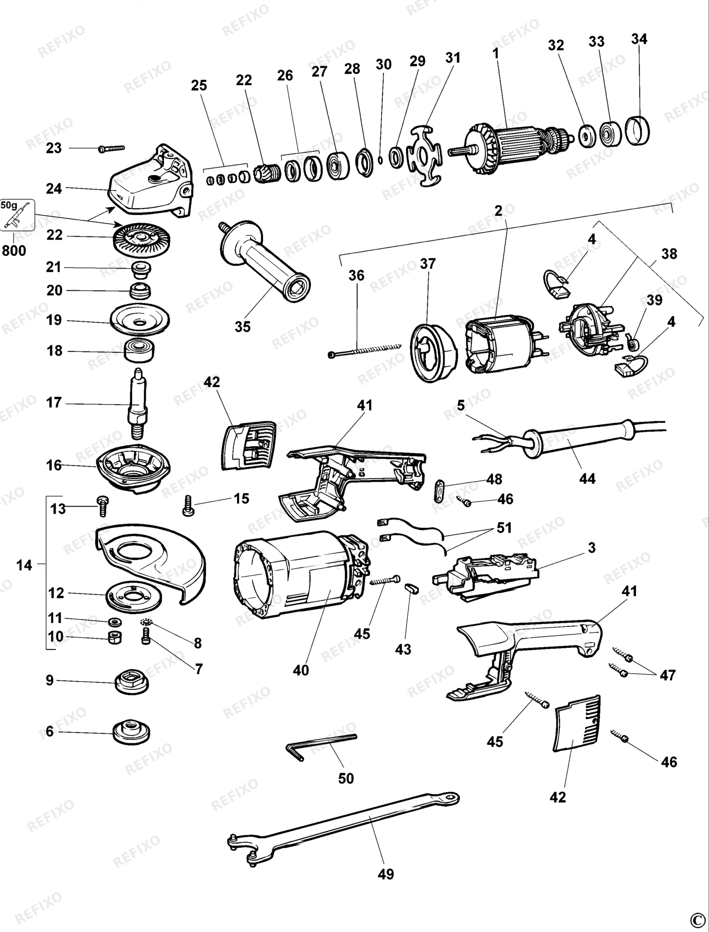 Деталировка DeWalt DW848-LX TYPE 5 угловая шлифмашина DW848-LX DW848 — схема запчастей в разборе