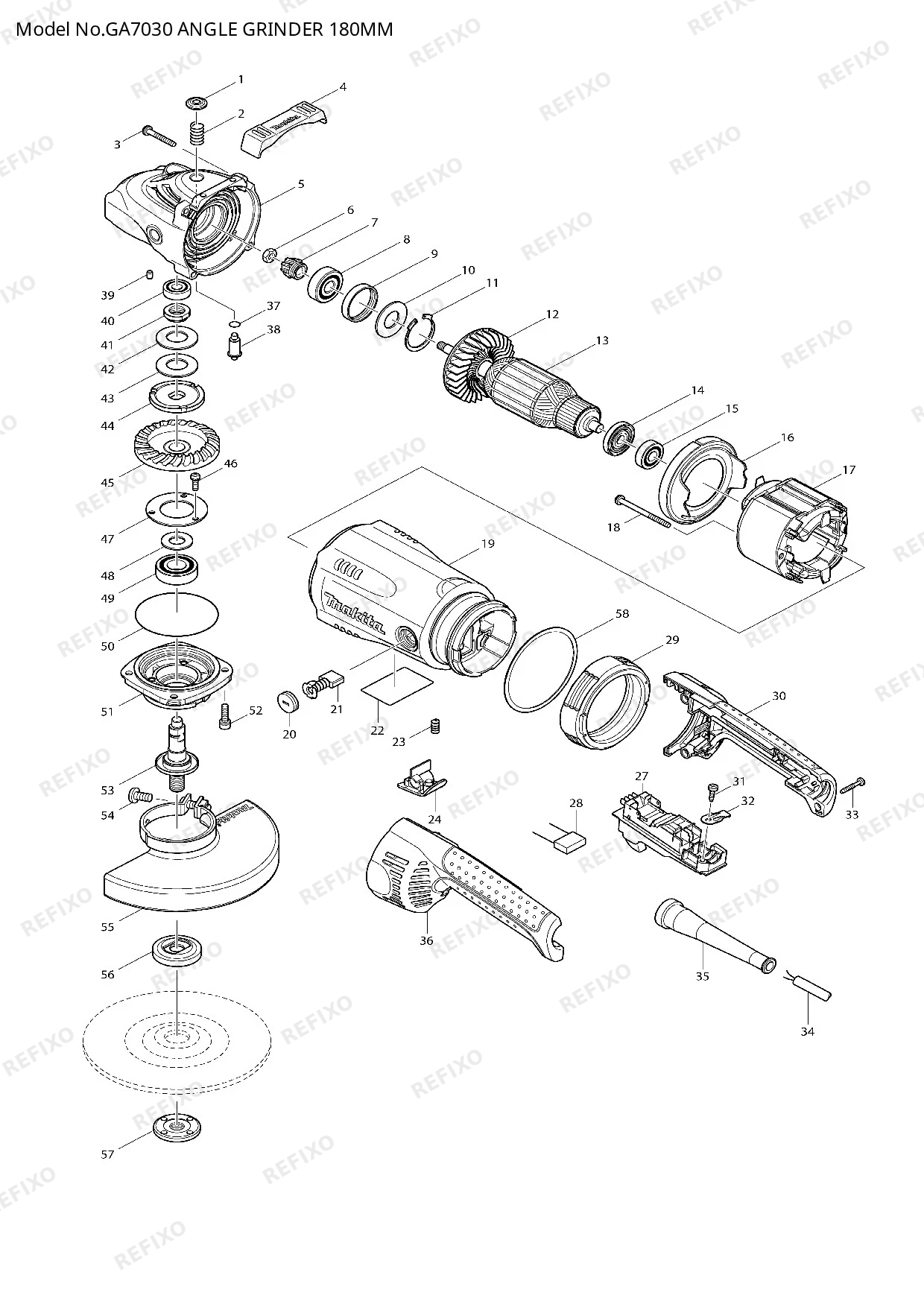 Деталировка MAKITA GA7030 — схема запчастей в разборе