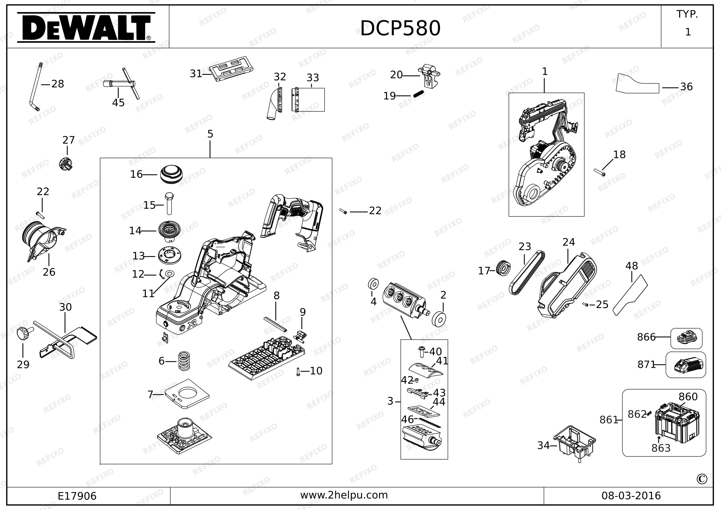 Деталировка DeWalt РУБАНОК DCP580 — схема запчастей в разборе