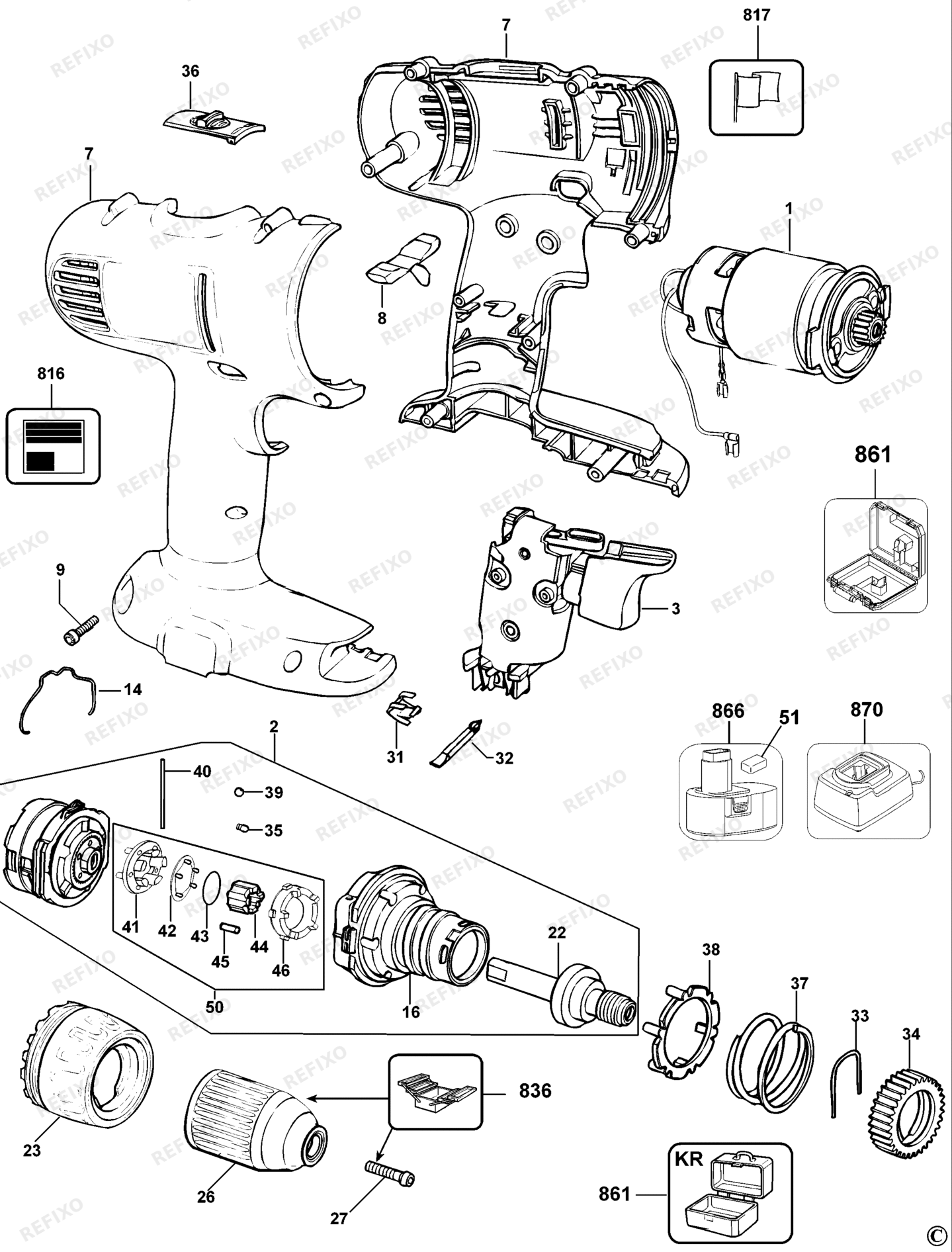 Деталировка DeWalt DC756-QW TYPE 10 аккумуляторный - дрель DC756-QW DC756 — схема запчастей в разборе