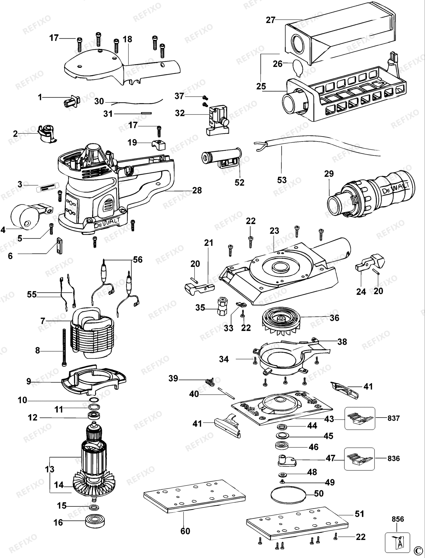 Деталировка DeWalt D26423-QS TYPE 1 шлифмашина D26423-QS D26423 — схема запчастей в разборе