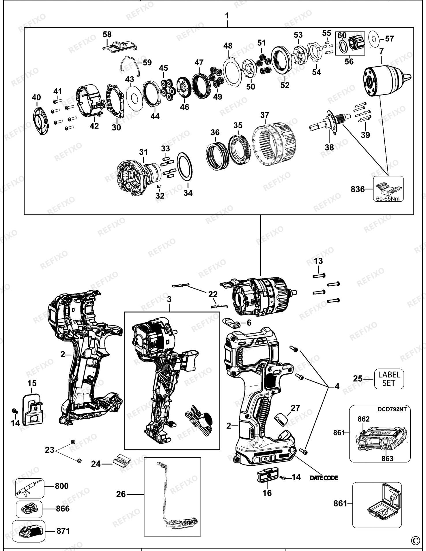 Деталировка DeWalt DCD792-QW TYPE 1 аккумуляторный - дрель 18V LI-ION DCD792-QW DCD792 — схема запчастей в разборе